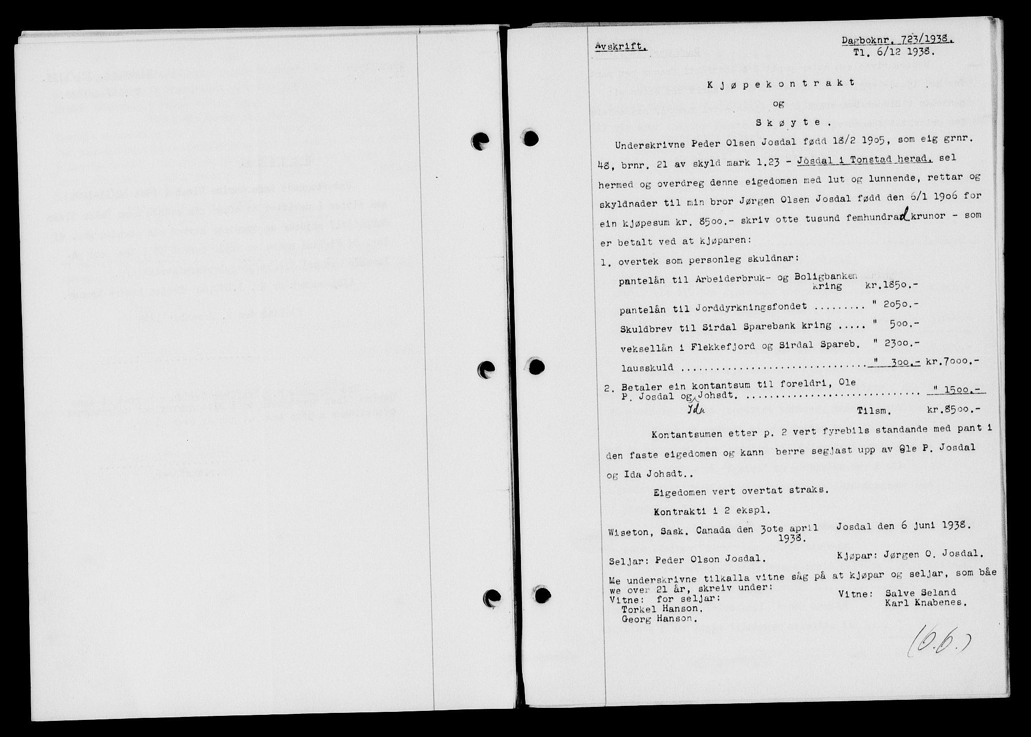 Flekkefjord sorenskriveri, AV/SAK-1221-0001/G/Gb/Gba/L0054: Mortgage book no. A-2, 1937-1938, Diary no: : 723/1938