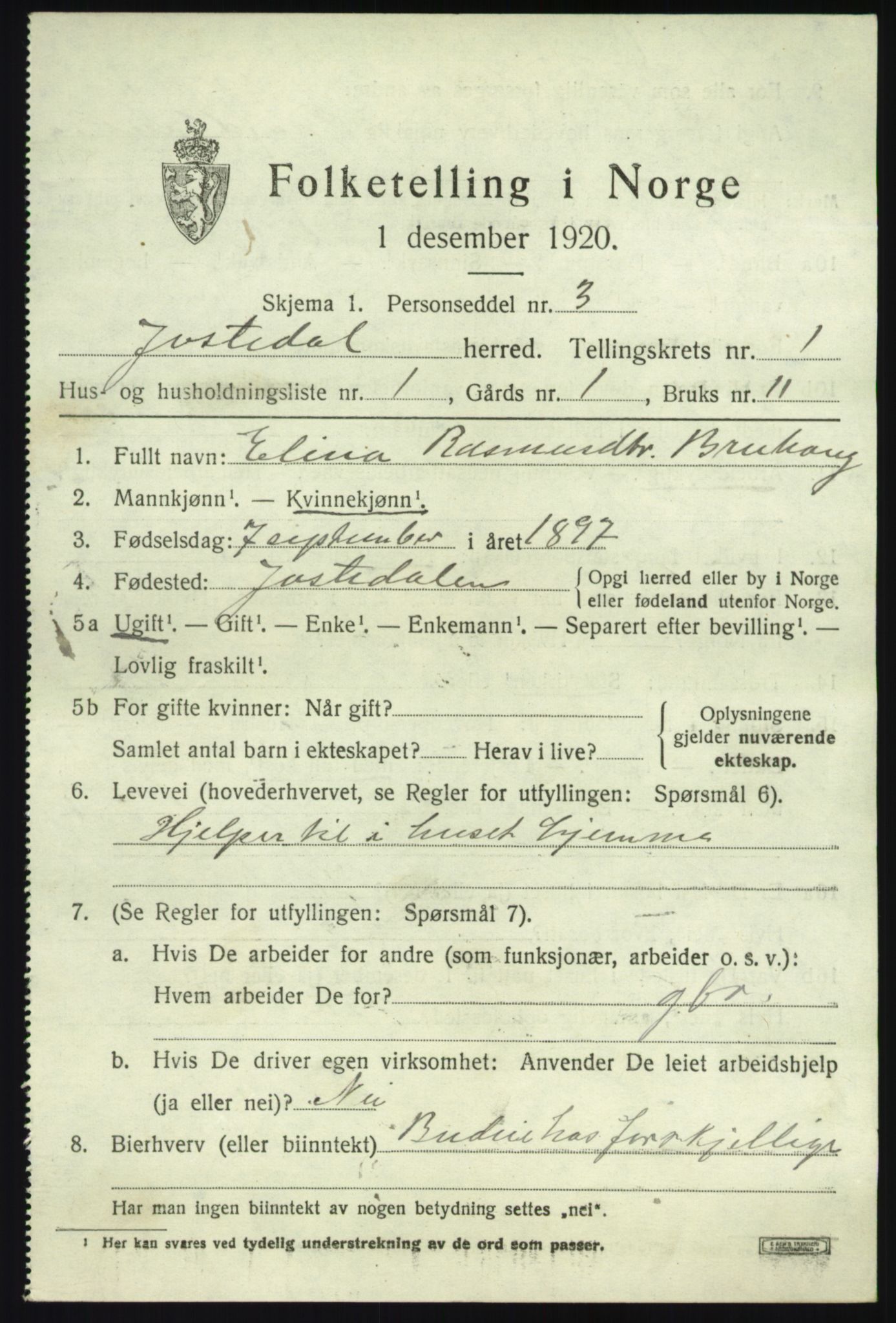 SAB, 1920 census for Jostedal, 1920, p. 312