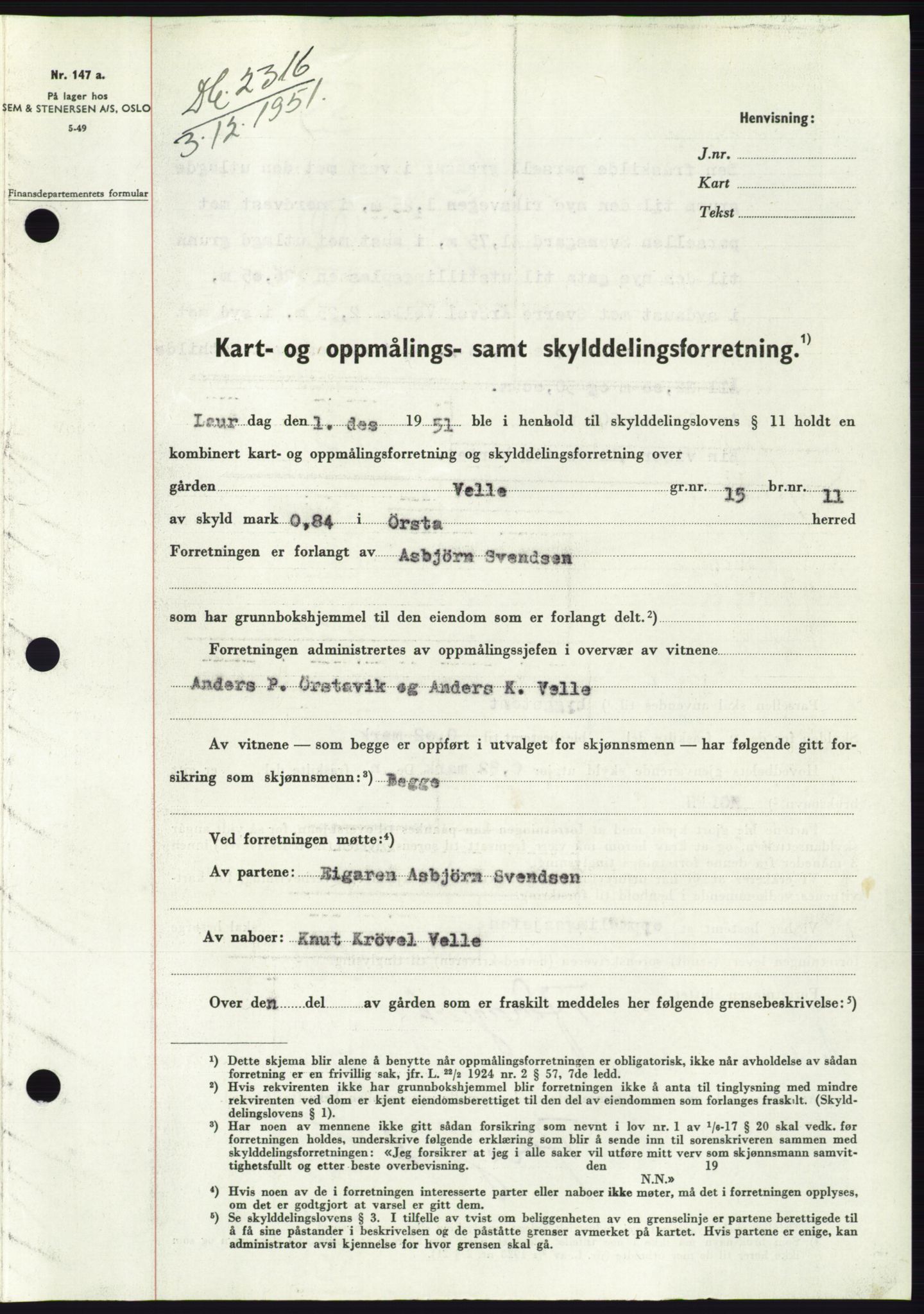 Søre Sunnmøre sorenskriveri, AV/SAT-A-4122/1/2/2C/L0090: Mortgage book no. 16A, 1951-1951, Diary no: : 2316/1951