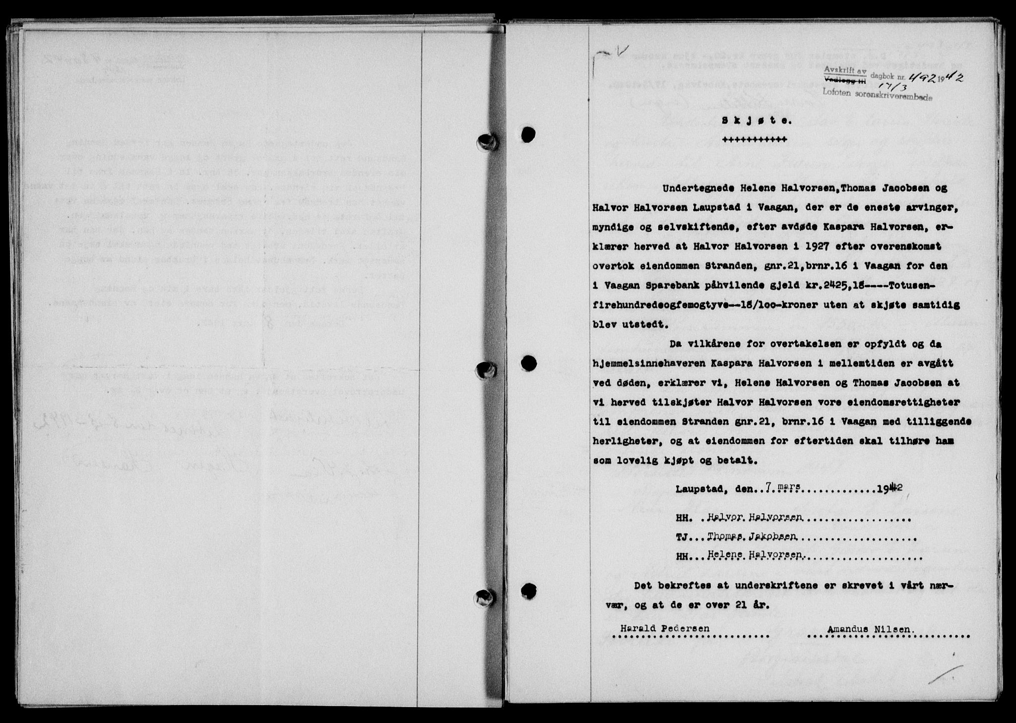 Lofoten sorenskriveri, SAT/A-0017/1/2/2C/L0009a: Mortgage book no. 9a, 1941-1942, Diary no: : 492/1942