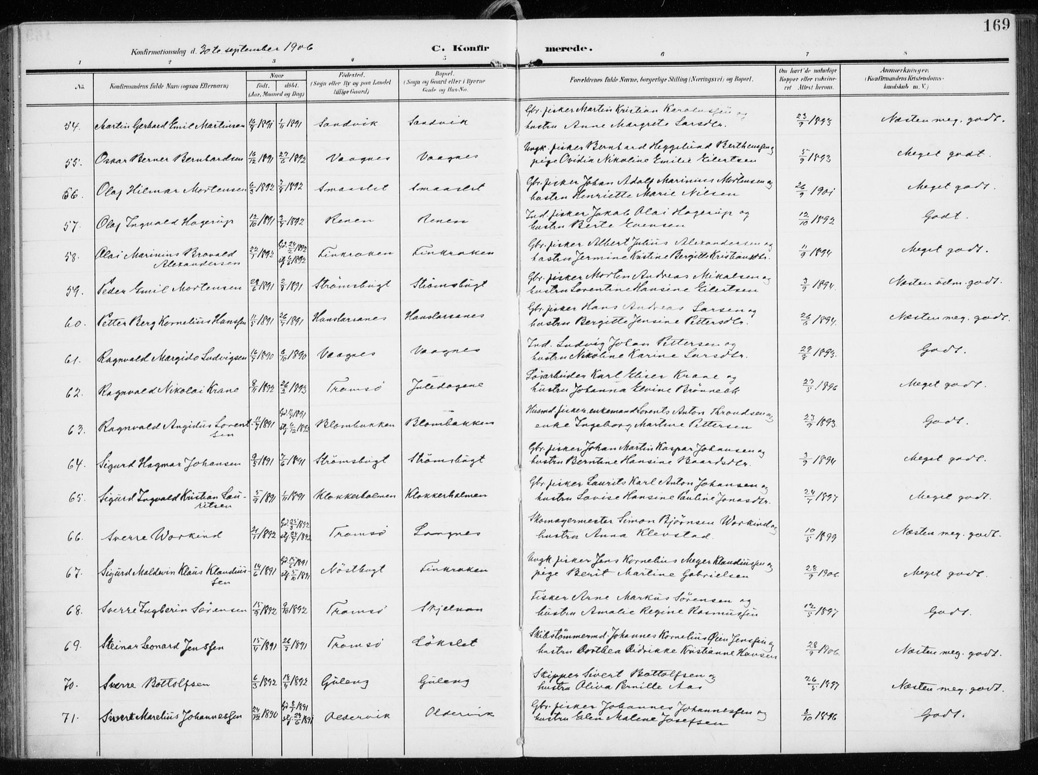 Tromsøysund sokneprestkontor, SATØ/S-1304/G/Ga/L0007kirke: Parish register (official) no. 7, 1907-1914, p. 169