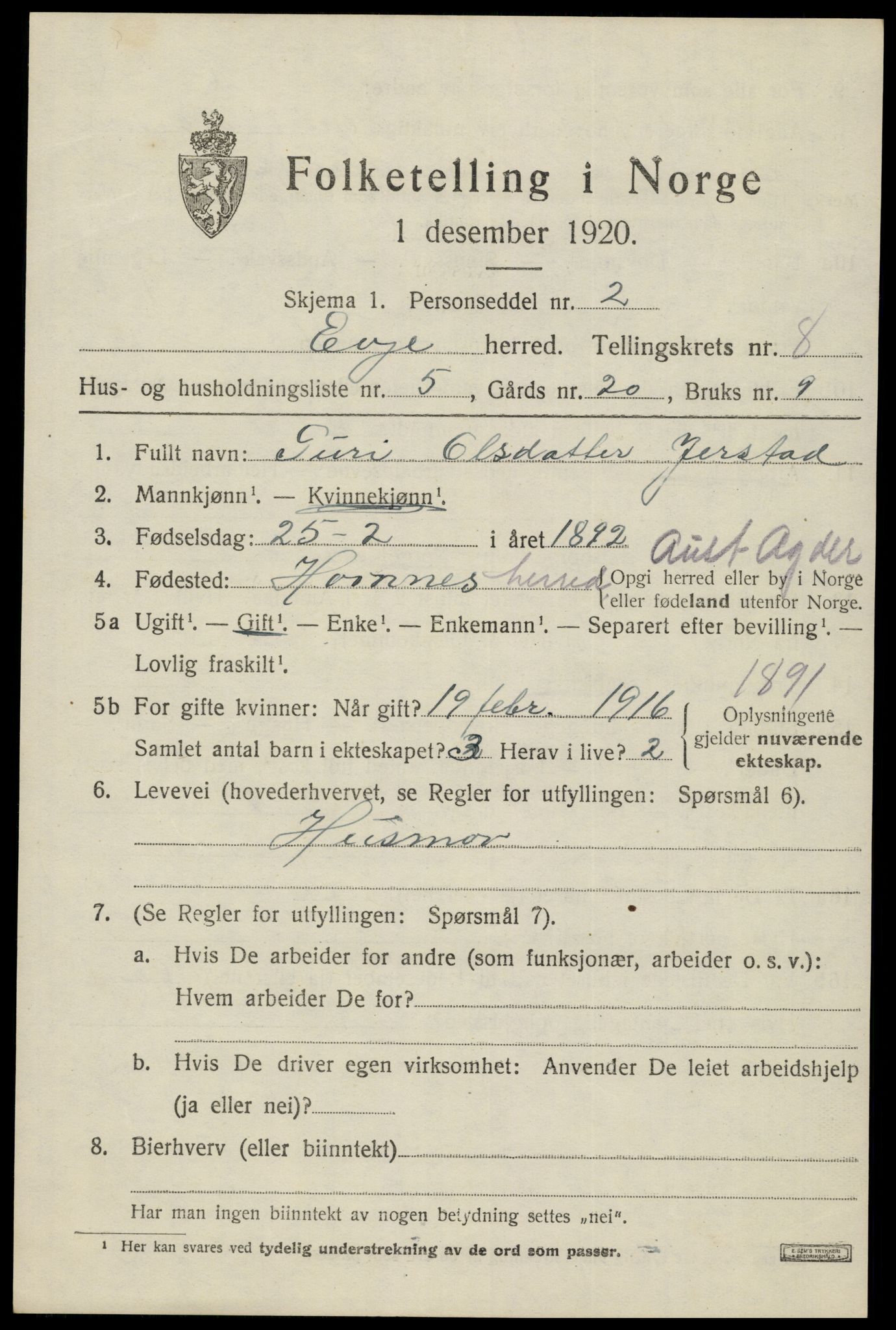 SAK, 1920 census for Evje, 1920, p. 2888