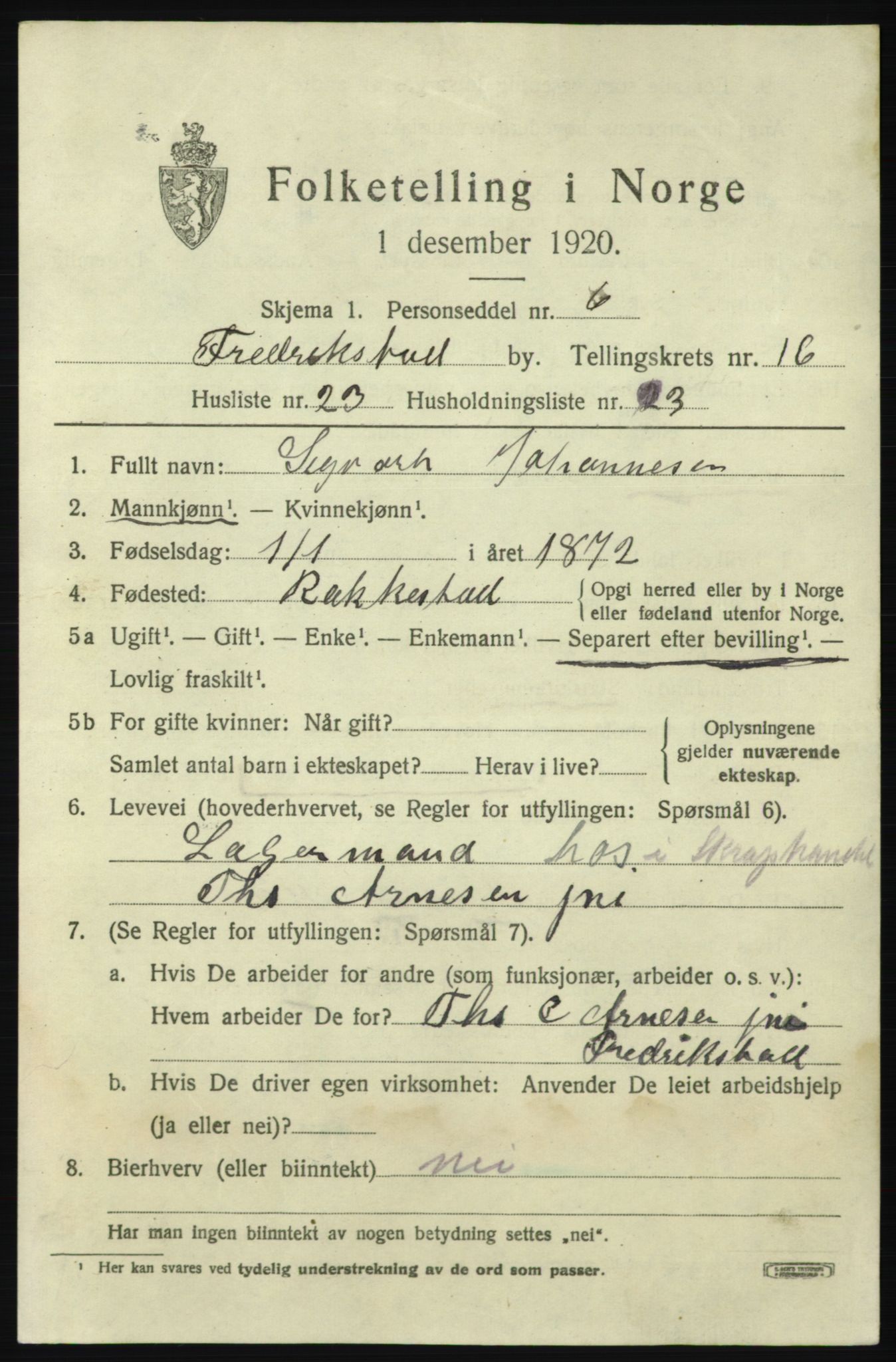 SAO, 1920 census for Fredrikstad, 1920, p. 37455