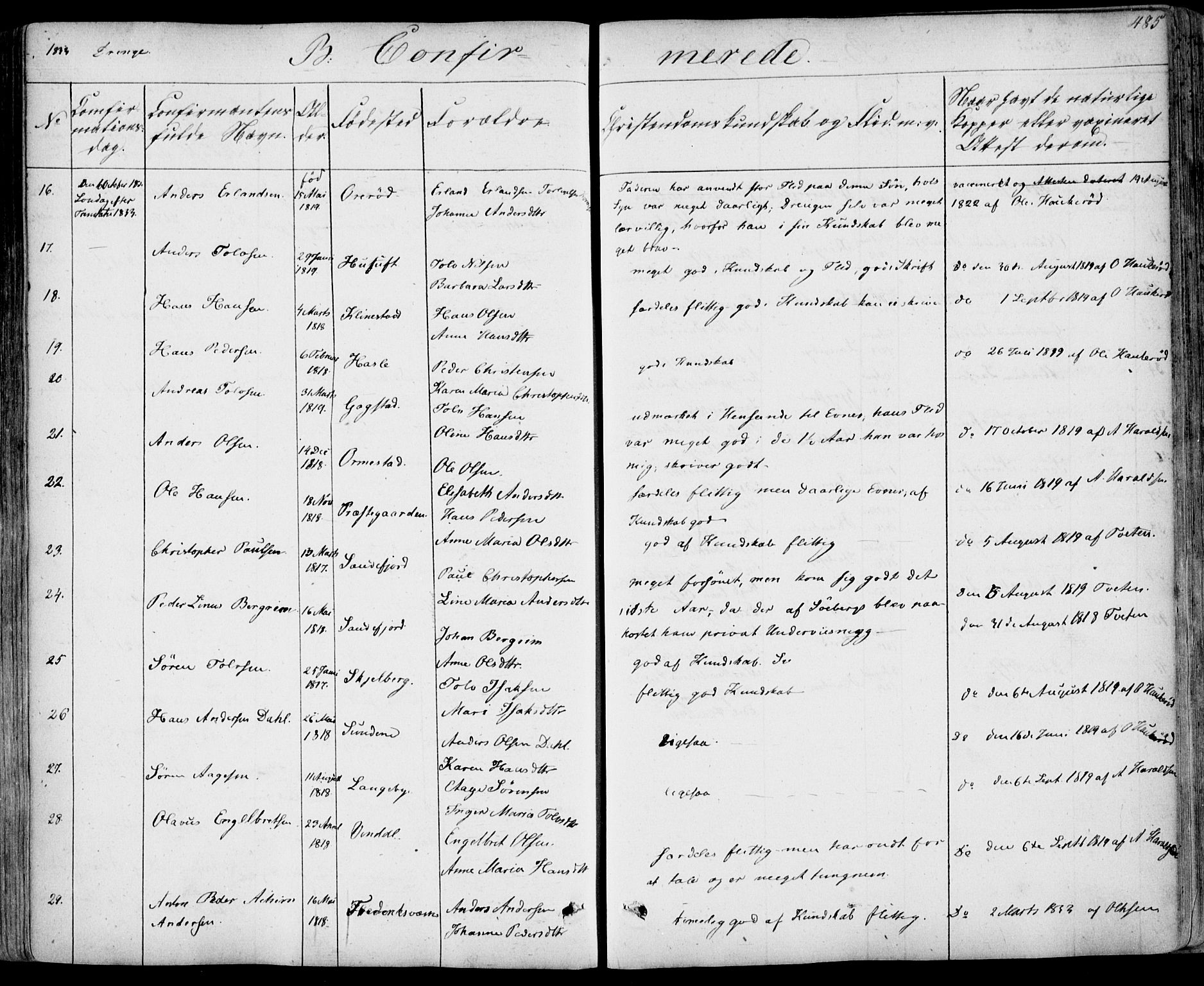 Sandar kirkebøker, SAKO/A-243/F/Fa/L0005: Parish register (official) no. 5, 1832-1847, p. 484-485