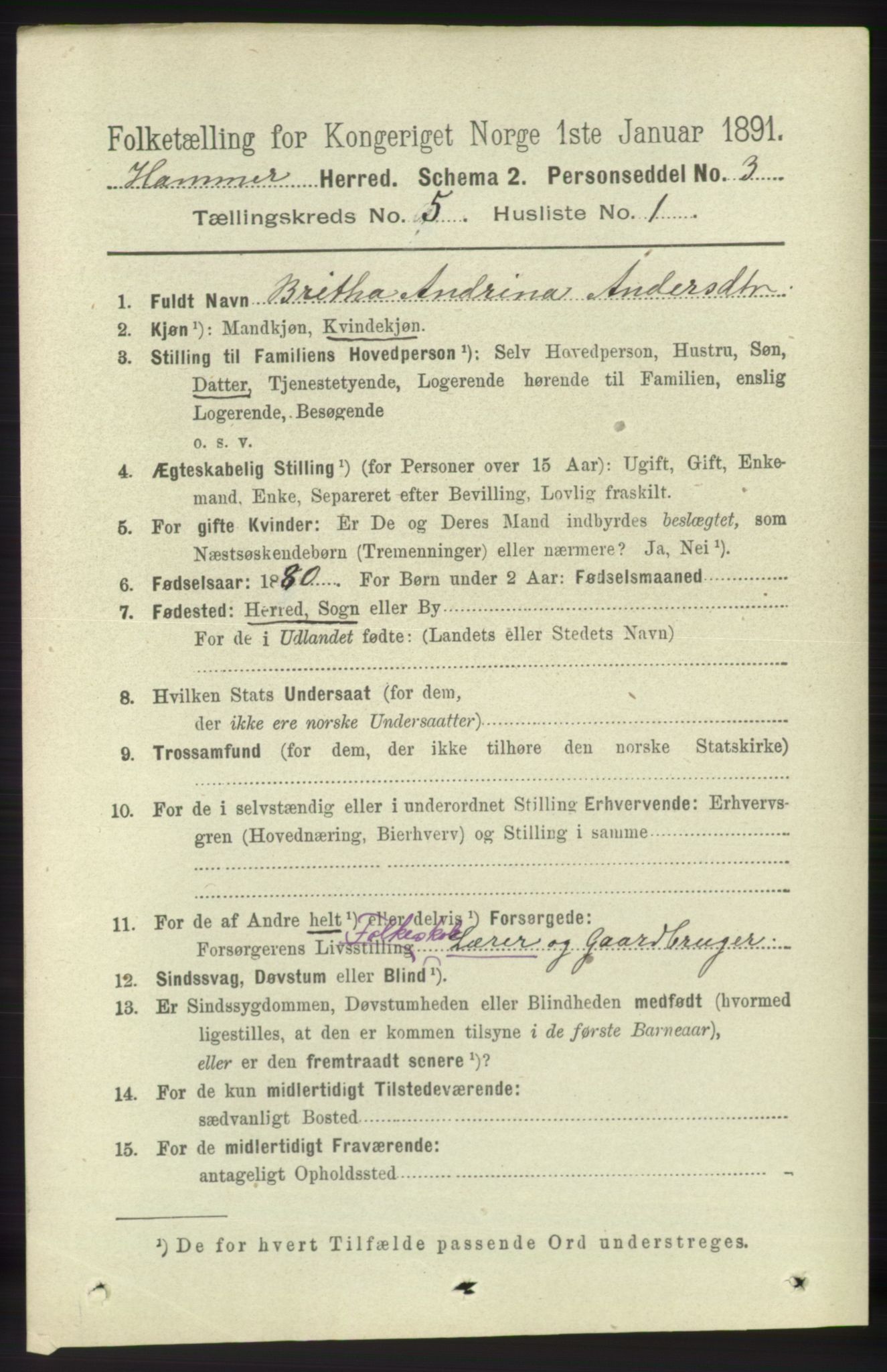 RA, 1891 census for 1254 Hamre, 1891, p. 1221