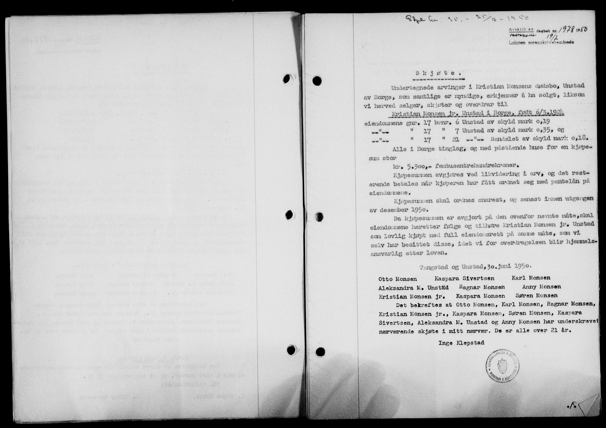 Lofoten sorenskriveri, SAT/A-0017/1/2/2C/L0024a: Mortgage book no. 24a, 1950-1950, Diary no: : 1978/1950
