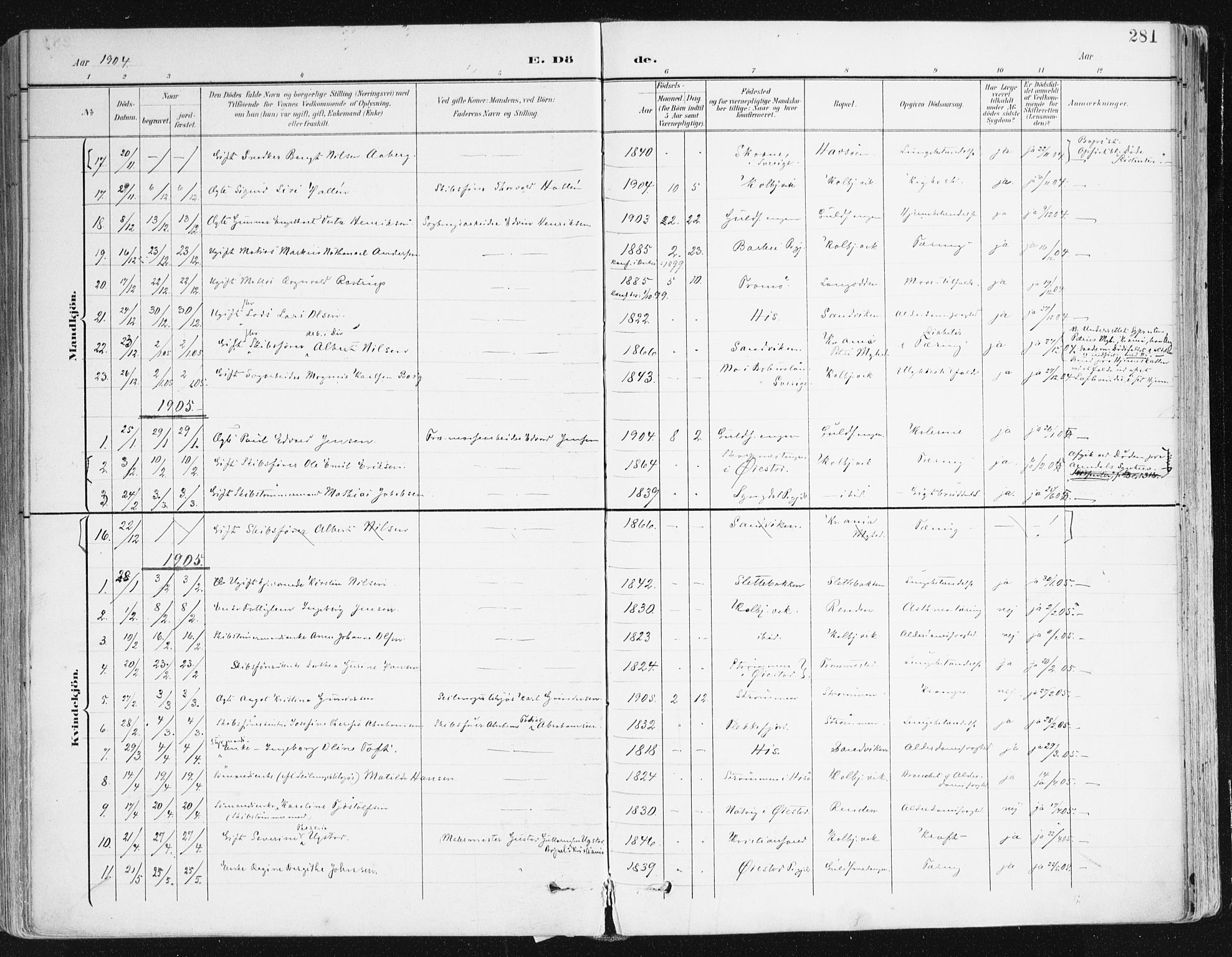 Hisøy sokneprestkontor, SAK/1111-0020/F/Fa/L0004: Parish register (official) no. A 4, 1895-1917, p. 281