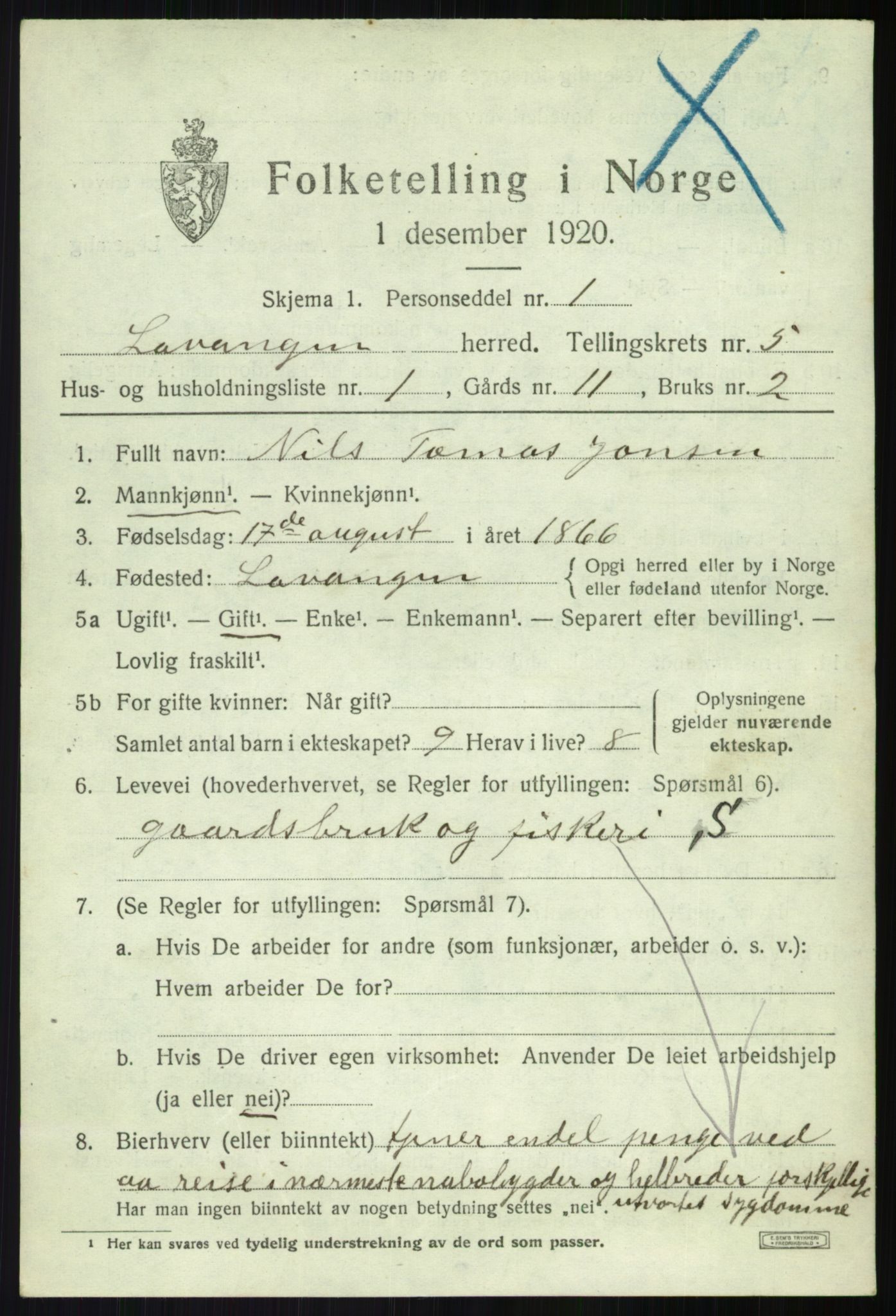 SATØ, 1920 census for Lavangen, 1920, p. 2309