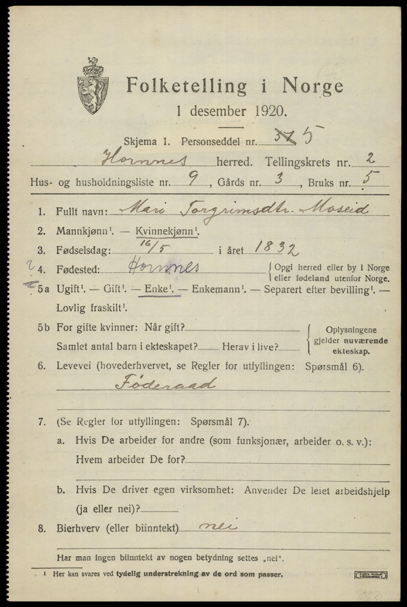 SAK, 1920 census for Hornnes, 1920, p. 801