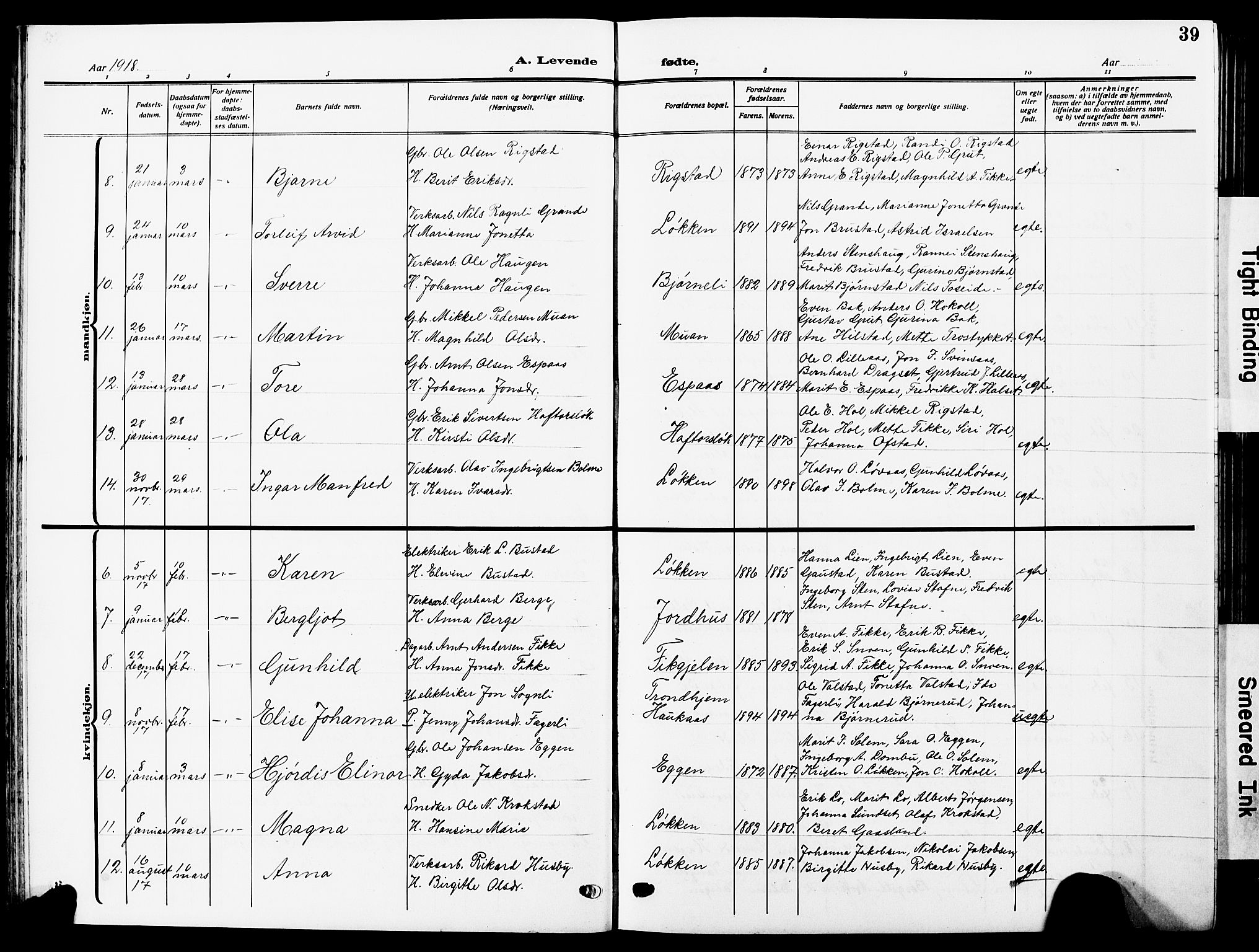 Ministerialprotokoller, klokkerbøker og fødselsregistre - Sør-Trøndelag, AV/SAT-A-1456/672/L0865: Parish register (copy) no. 672C04, 1914-1928, p. 39