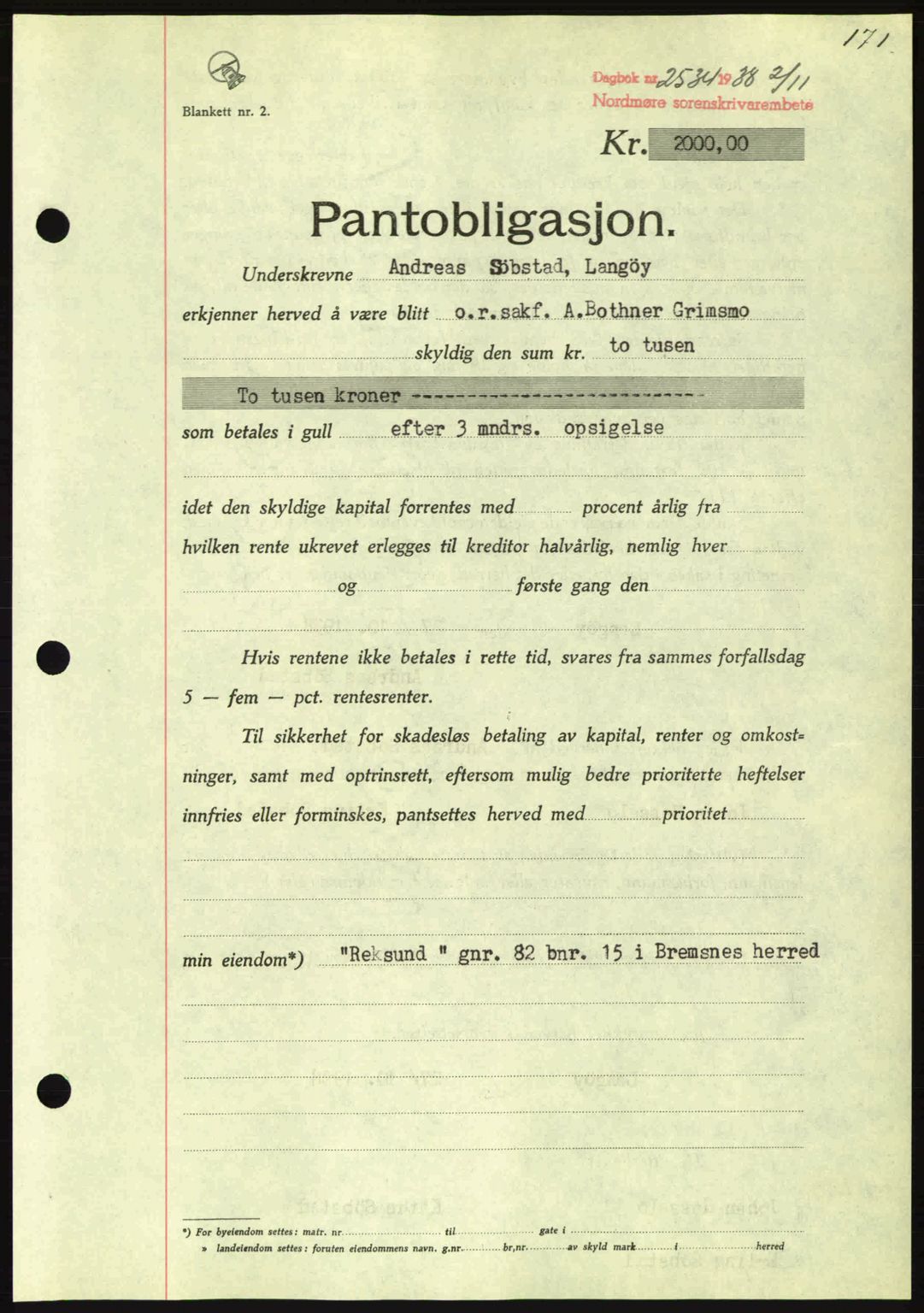 Nordmøre sorenskriveri, SAT/A-4132/1/2/2Ca: Mortgage book no. B84, 1938-1939, Diary no: : 2534/1938