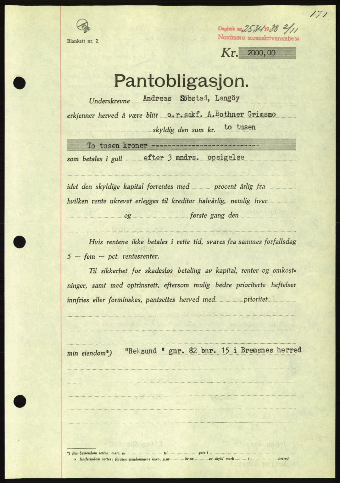 Nordmøre sorenskriveri, AV/SAT-A-4132/1/2/2Ca: Mortgage book no. B84, 1938-1939, Diary no: : 2534/1938