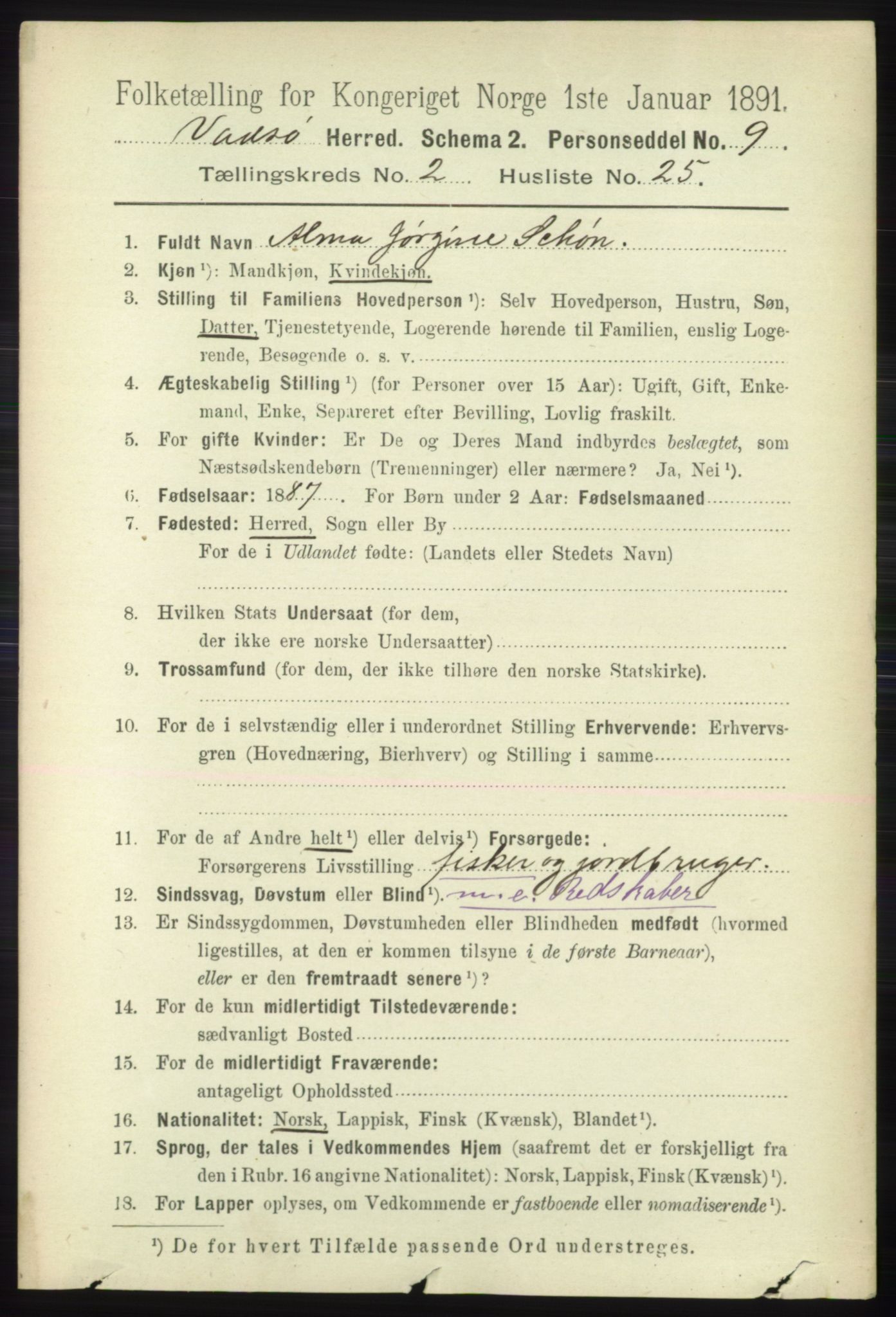 RA, 1891 census for 2029 Vadsø, 1891, p. 606