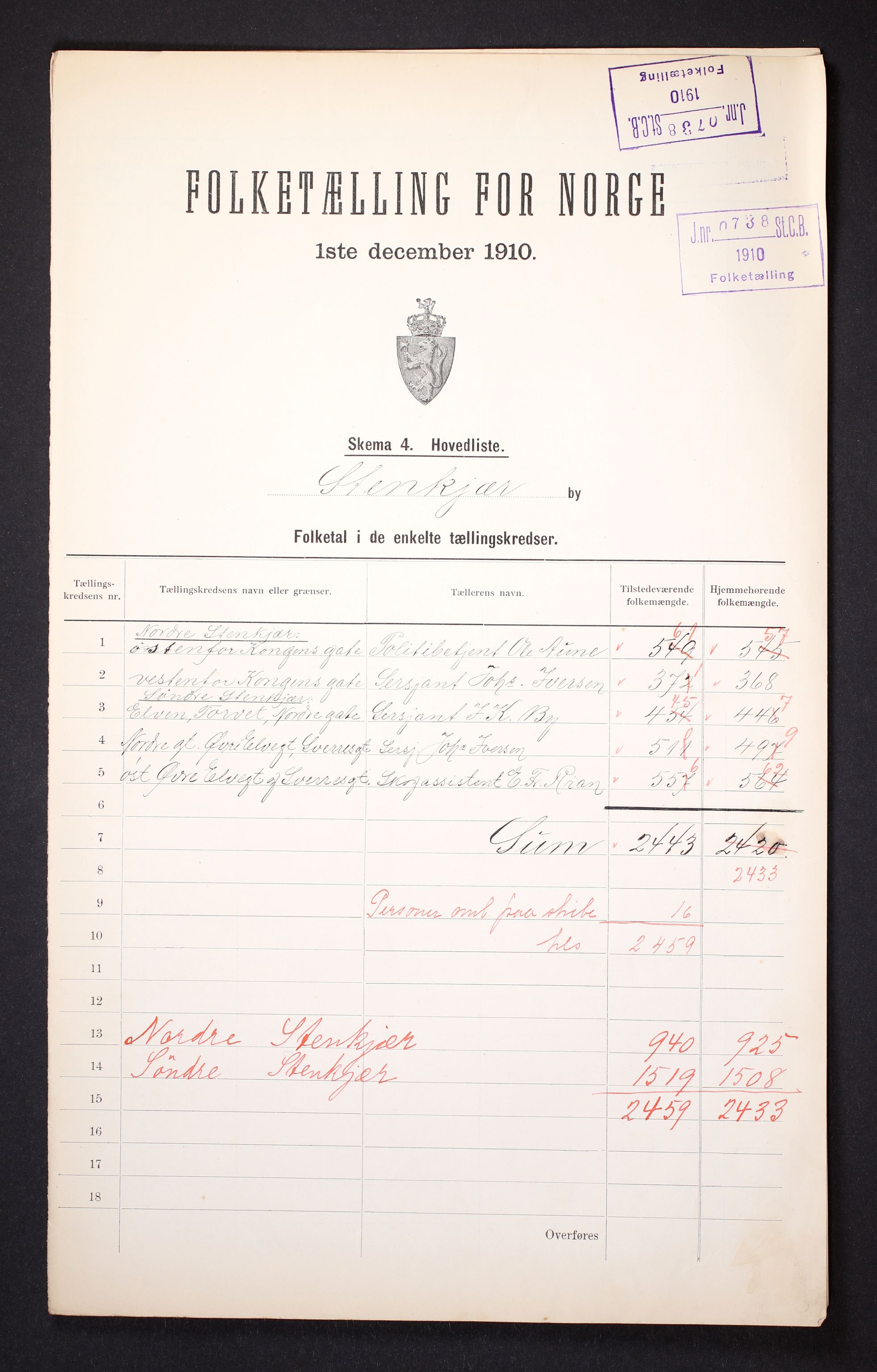 RA, 1910 census for Steinkjer, 1910, p. 2