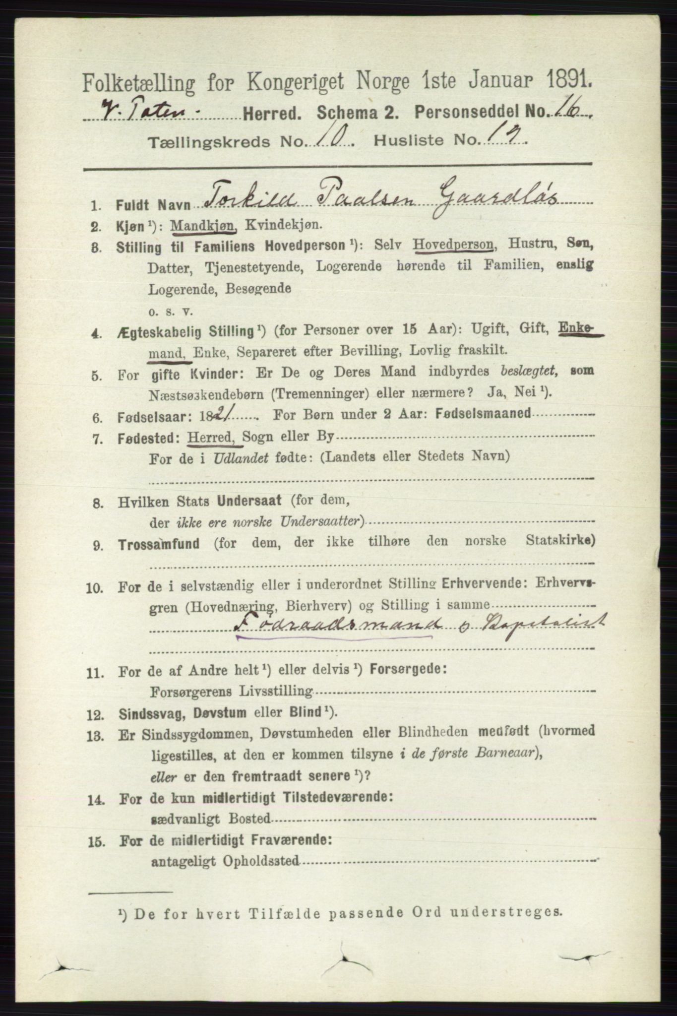 RA, 1891 census for 0529 Vestre Toten, 1891, p. 6314