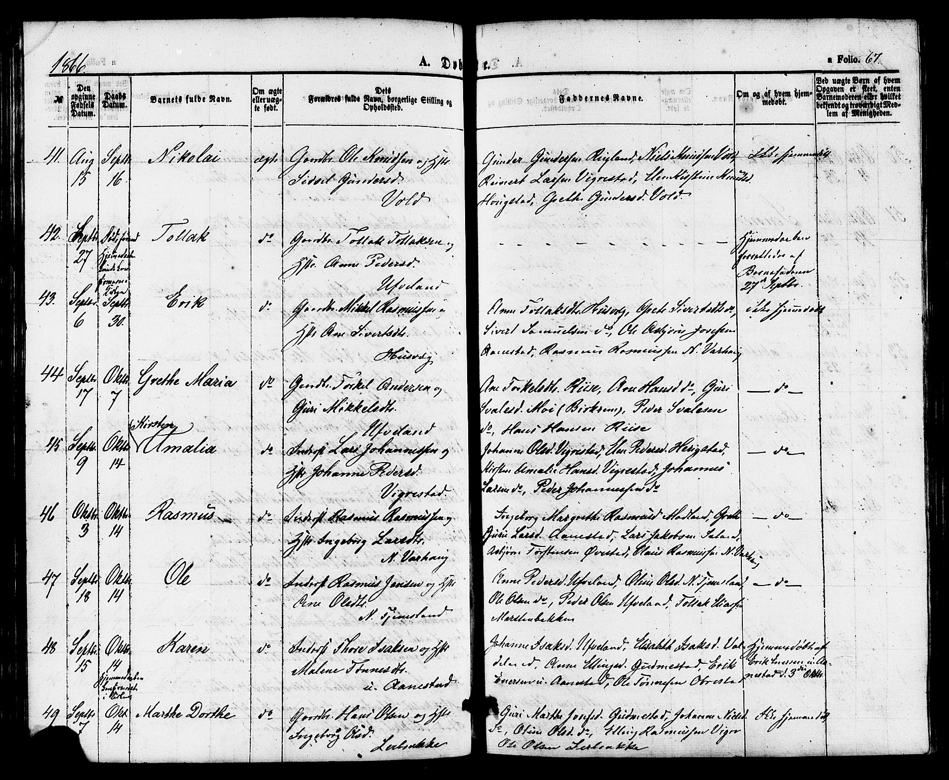 Hå sokneprestkontor, AV/SAST-A-101801/001/30BA/L0009: Parish register (official) no. A 8, 1855-1878, p. 67