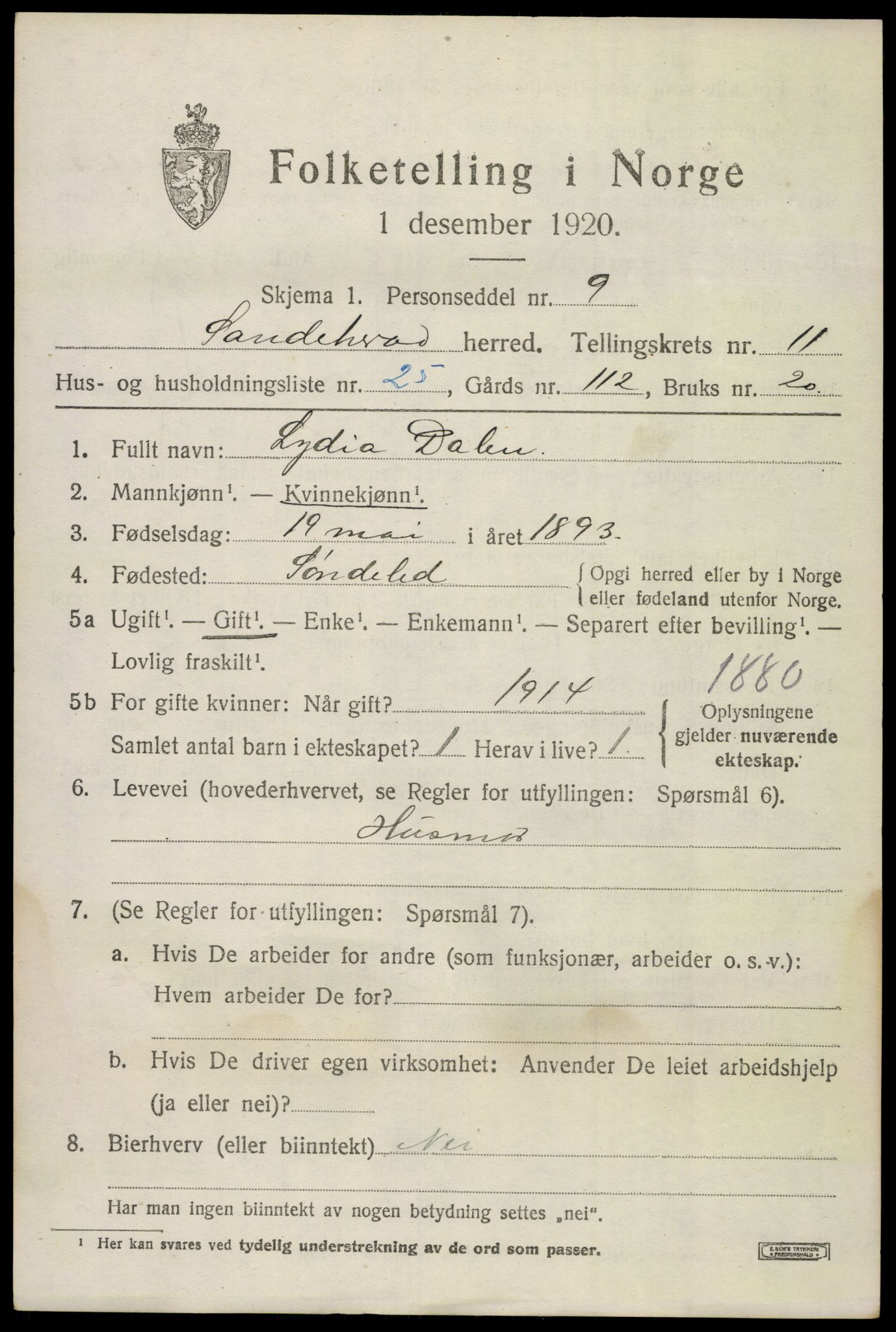 SAKO, 1920 census for Sandeherred, 1920, p. 15916