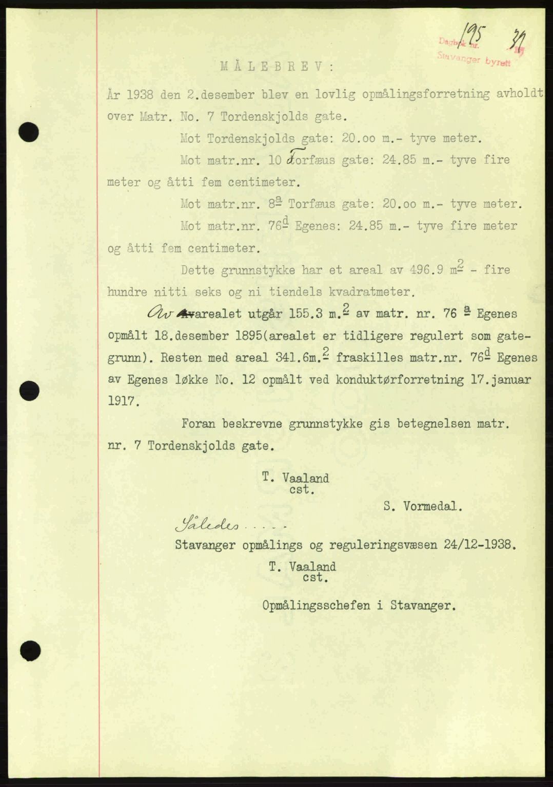 Stavanger byrett, SAST/A-100455/002/G/Gb/L0014: Mortgage book no. A4, 1938-1939, Diary no: : 195/1939