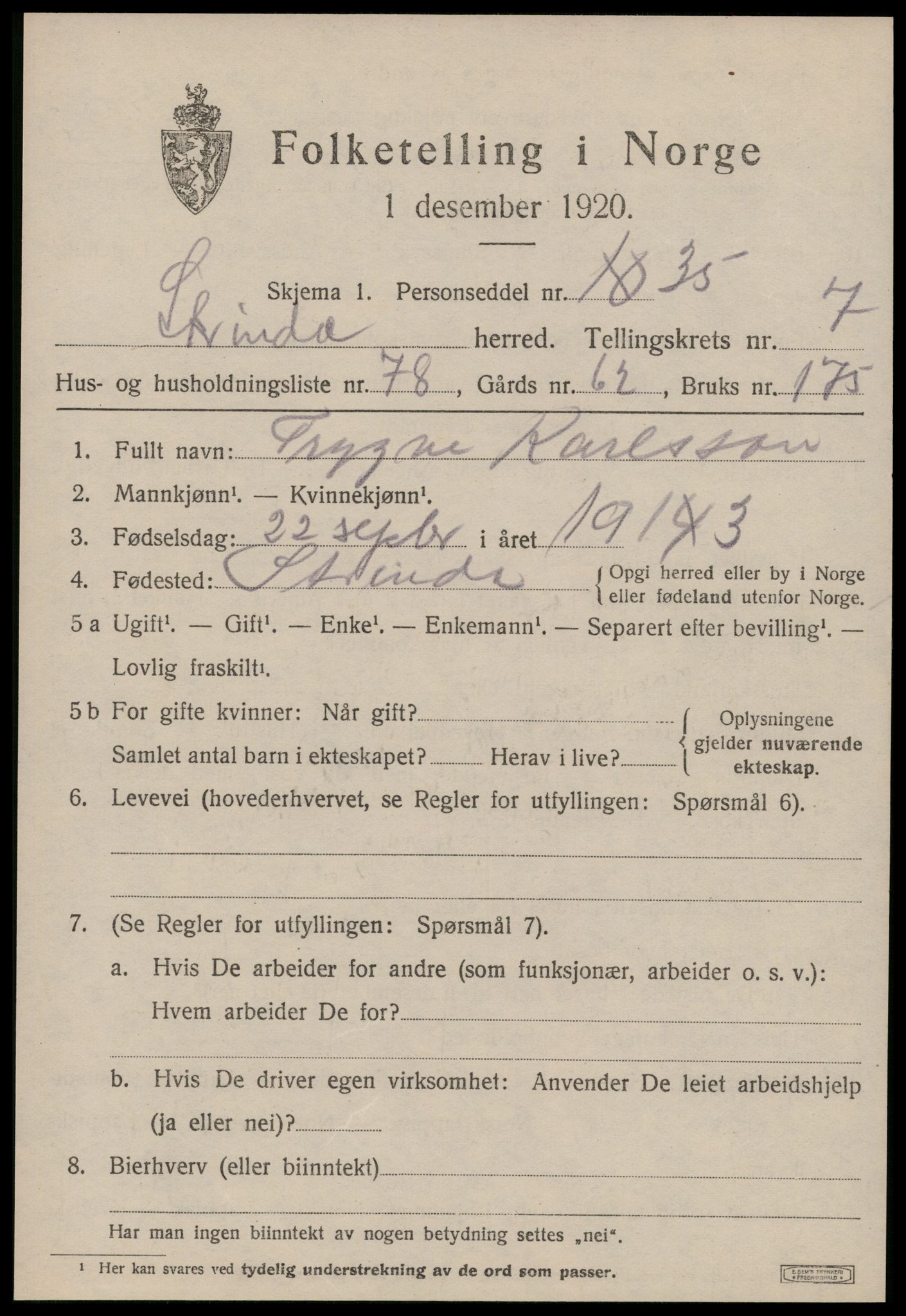 SAT, 1920 census for Strinda, 1920, p. 19760