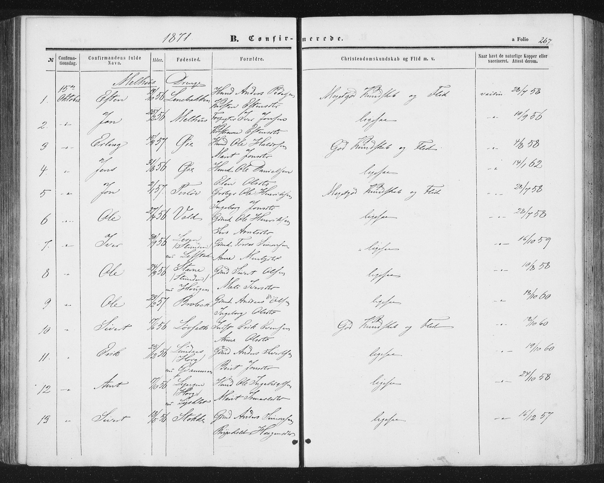 Ministerialprotokoller, klokkerbøker og fødselsregistre - Sør-Trøndelag, SAT/A-1456/691/L1077: Parish register (official) no. 691A09, 1862-1873, p. 267
