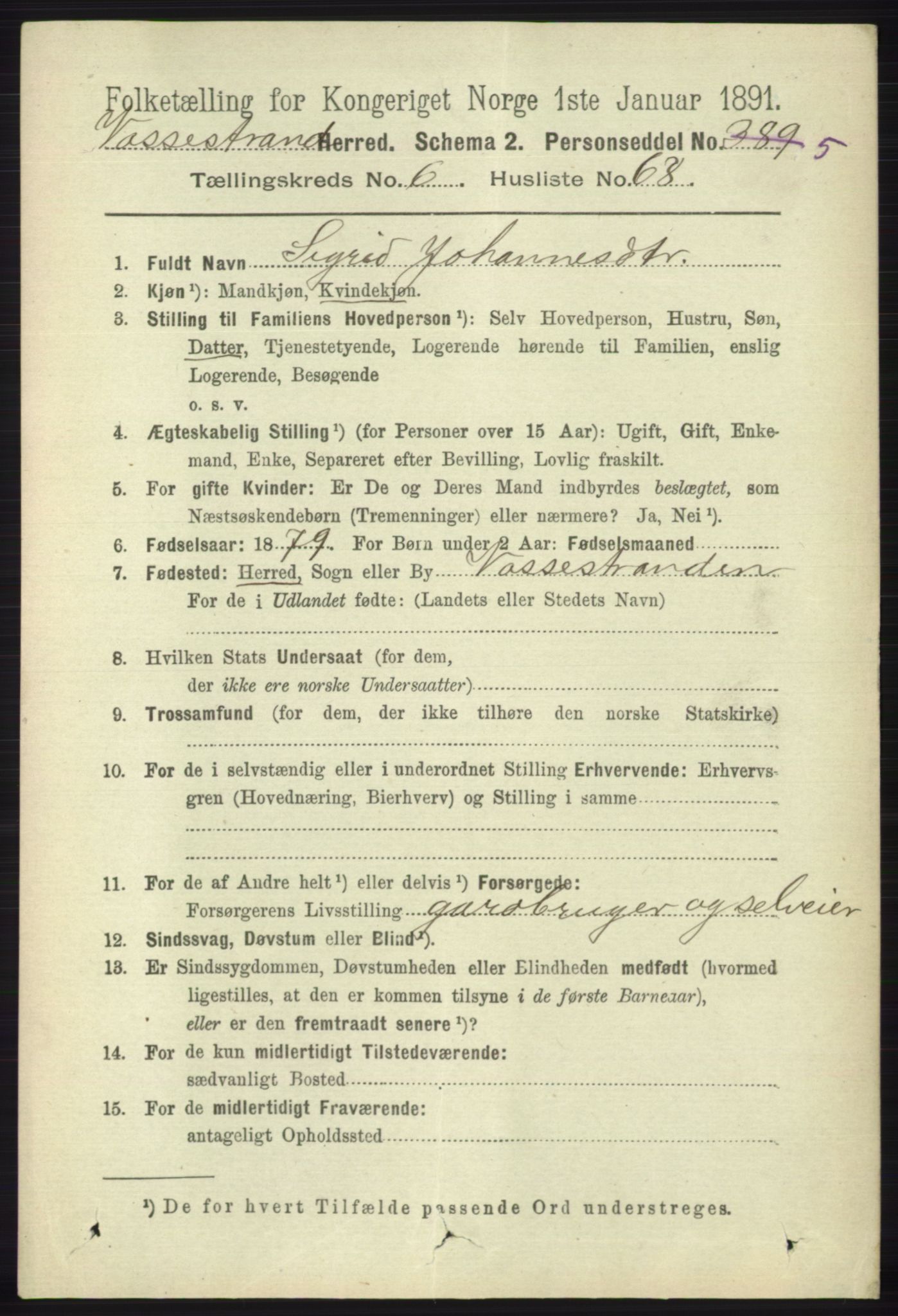 RA, 1891 census for 1236 Vossestrand, 1891, p. 2311