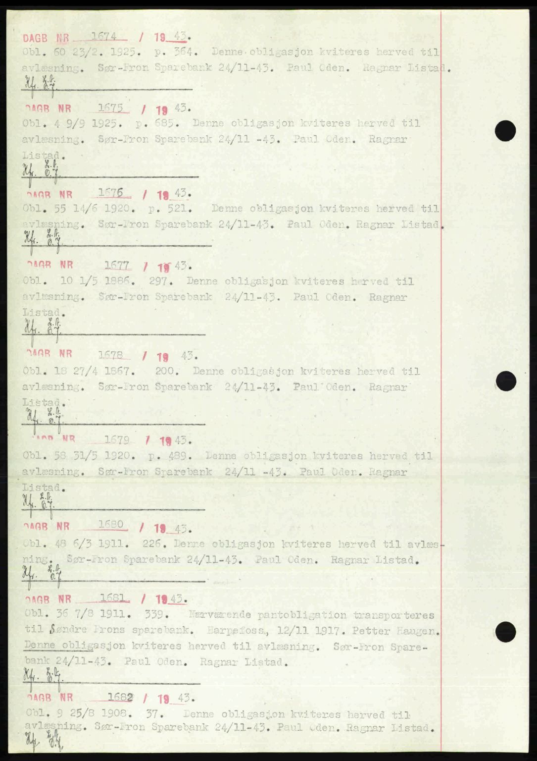 Sør-Gudbrandsdal tingrett, SAH/TING-004/H/Hb/Hbf/L0002: Mortgage book no. C1, 1938-1951, Diary no: : 1674/1943