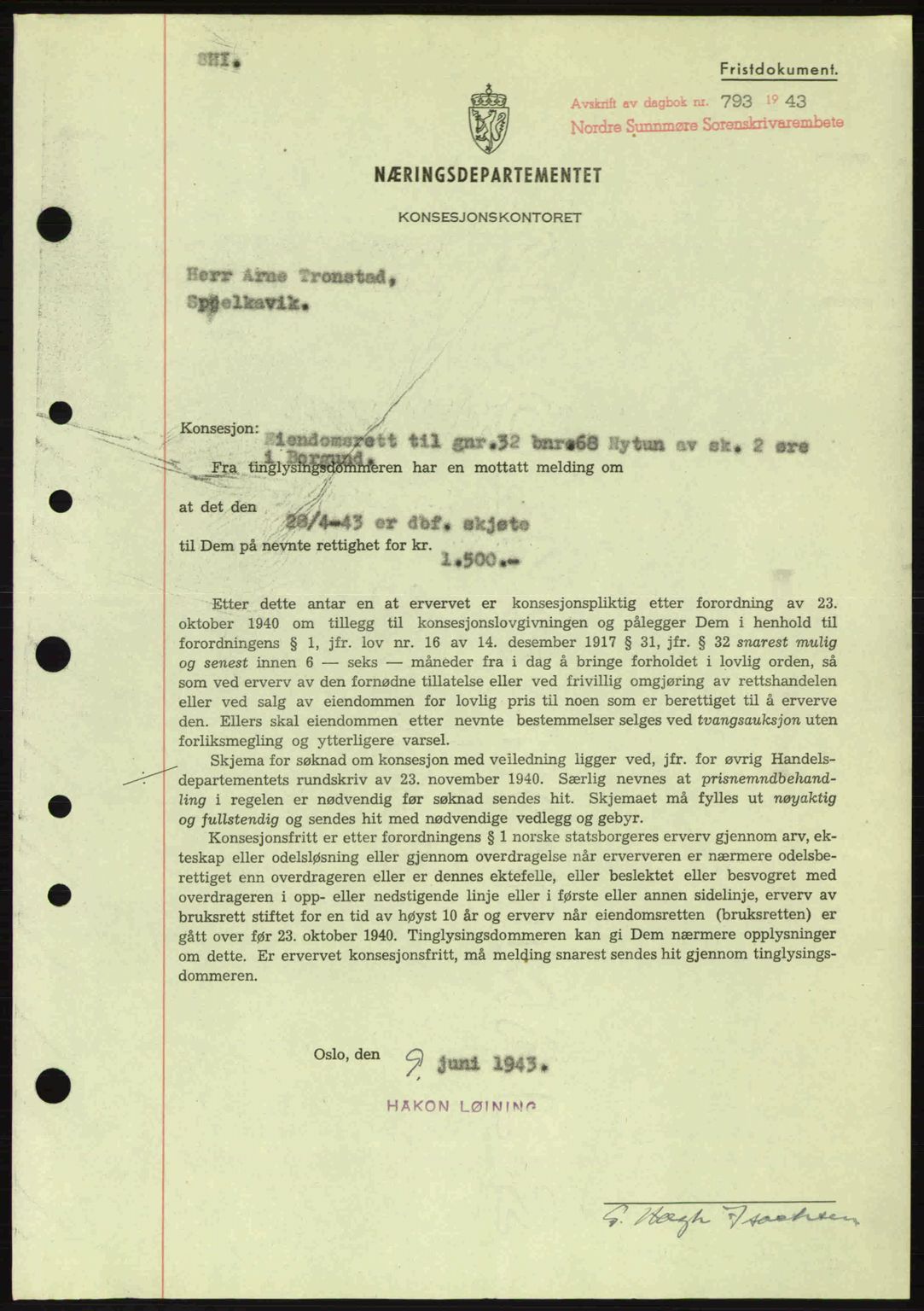 Nordre Sunnmøre sorenskriveri, SAT/A-0006/1/2/2C/2Ca: Mortgage book no. B6-14 a, 1942-1945, Diary no: : 793/1943