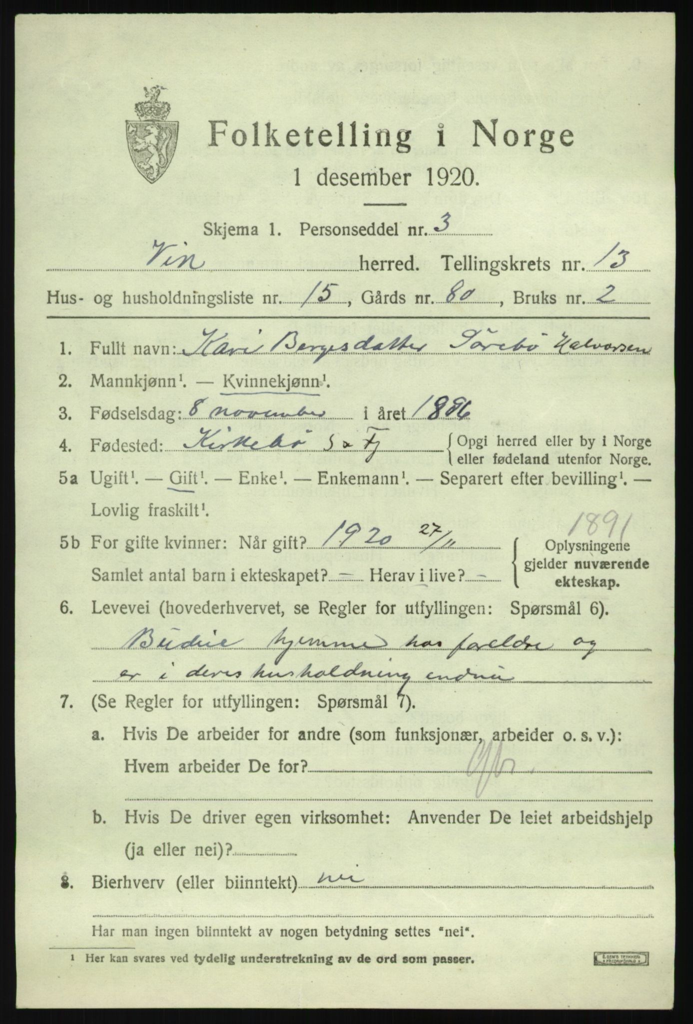 SAB, 1920 census for Vik, 1920, p. 7303