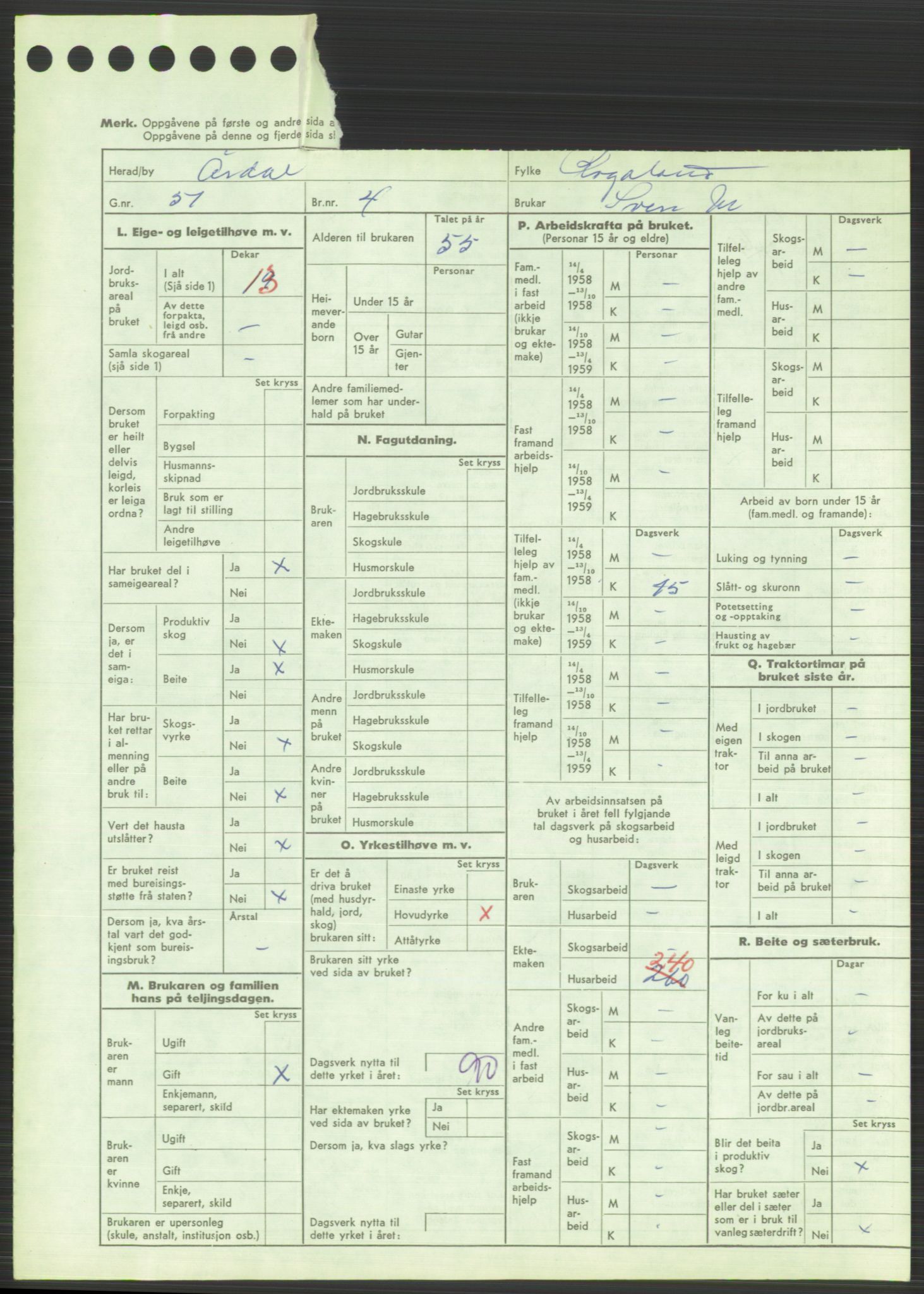 Statistisk sentralbyrå, Næringsøkonomiske emner, Jordbruk, skogbruk, jakt, fiske og fangst, AV/RA-S-2234/G/Gd/L0373: Rogaland: 1130 Strand (kl. 1-2), 1131 Årdal og 1132 Fister, 1959, p. 1135