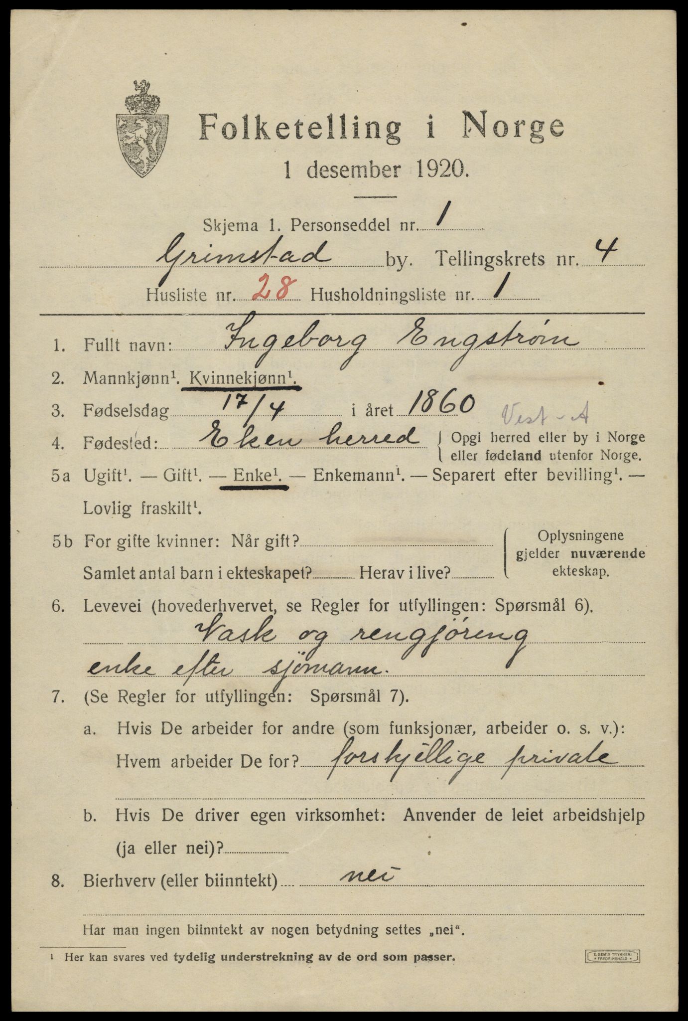 SAK, 1920 census for Grimstad, 1920, p. 5763