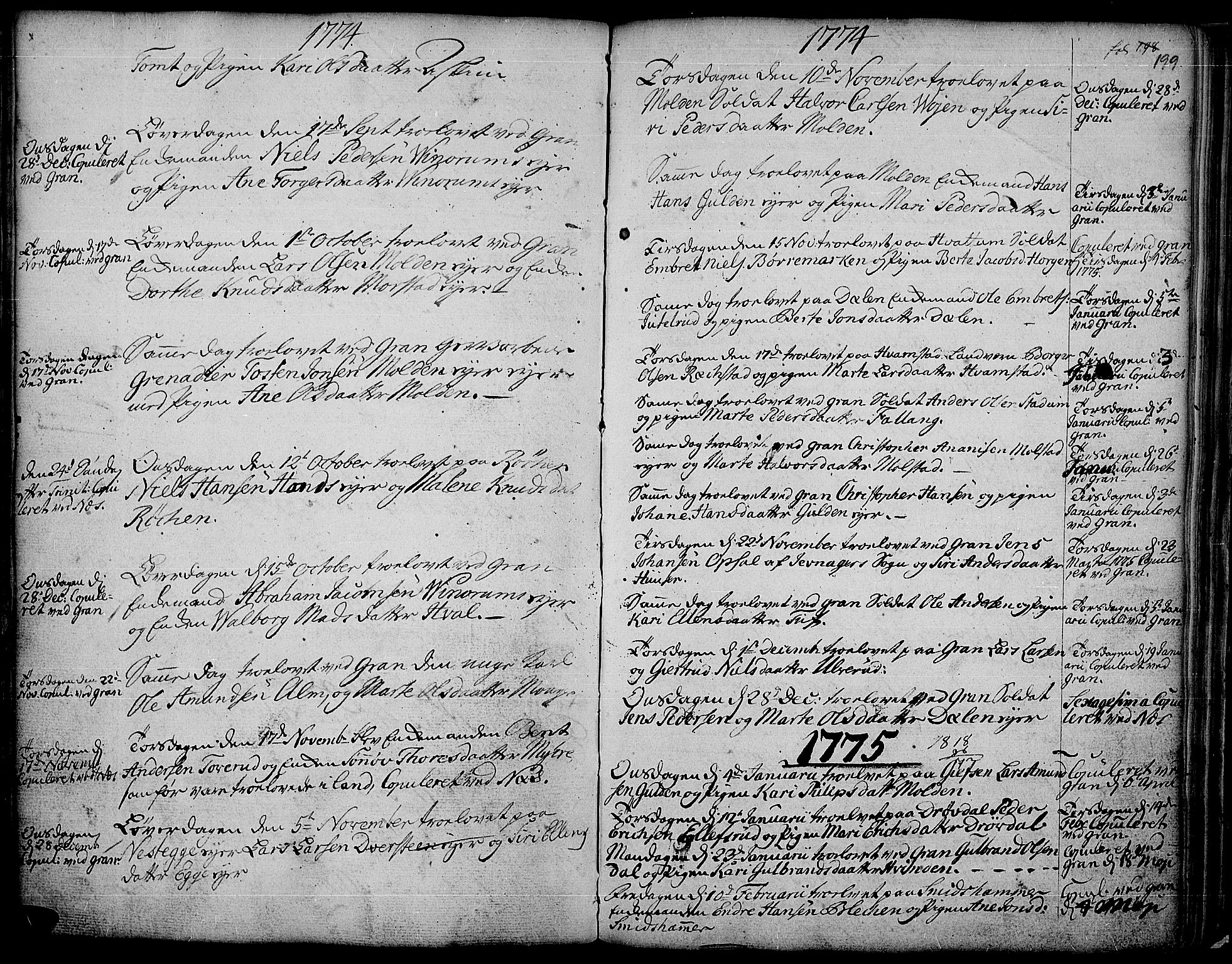 Gran prestekontor, SAH/PREST-112/H/Ha/Haa/L0004: Parish register (official) no. 4, 1759-1775, p. 199