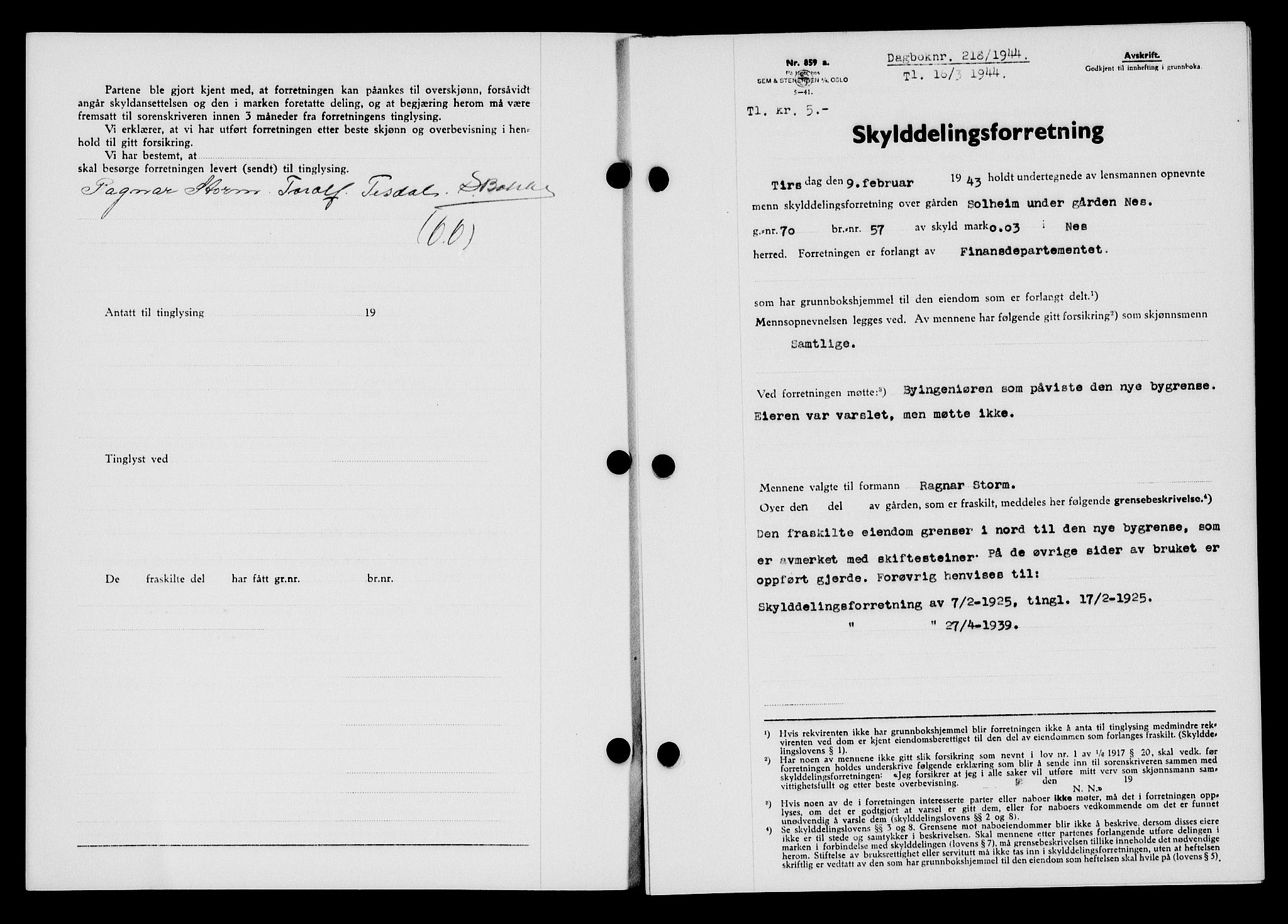 Flekkefjord sorenskriveri, SAK/1221-0001/G/Gb/Gba/L0059: Mortgage book no. A-7, 1944-1945, Diary no: : 218/1944