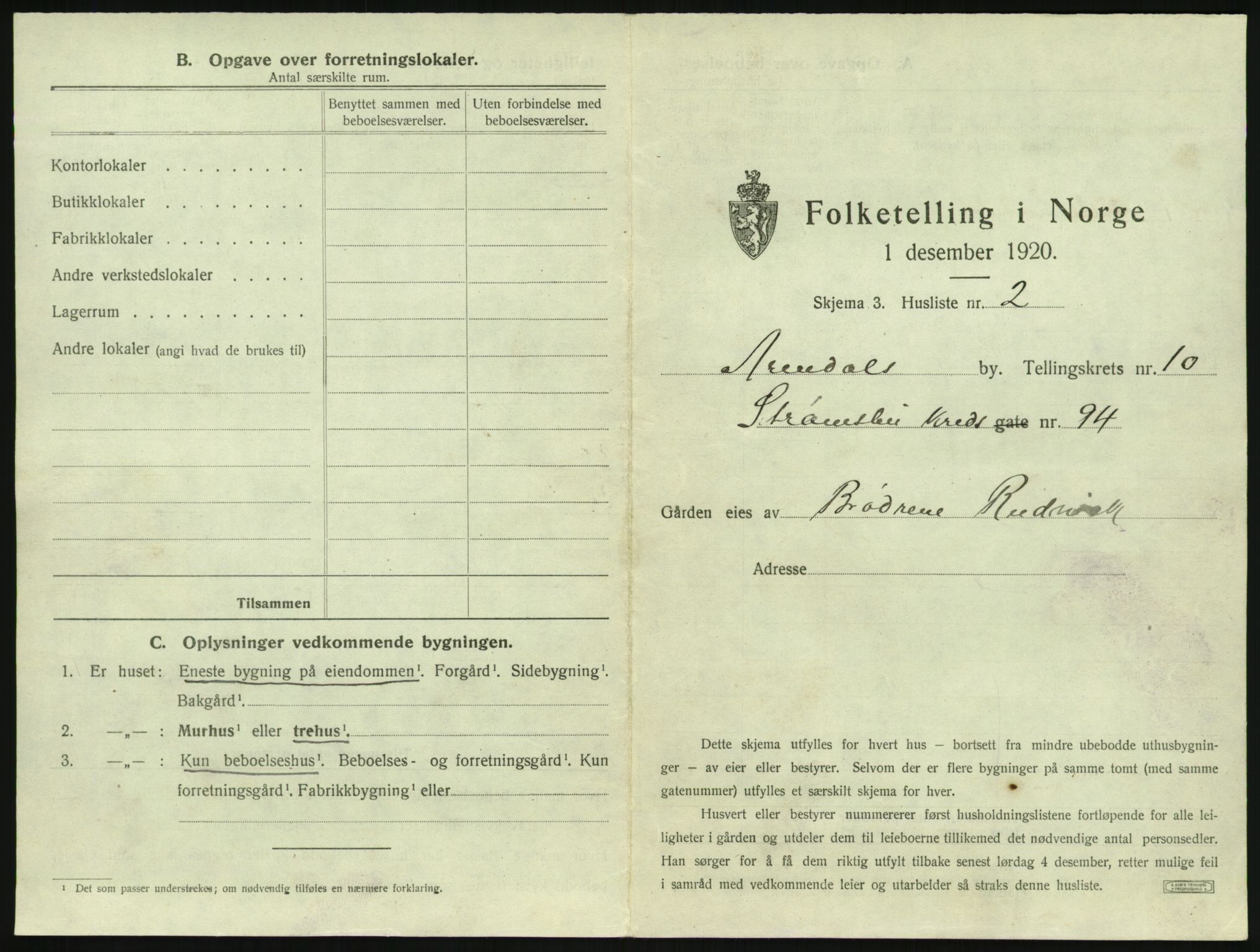 SAK, 1920 census for Arendal, 1920, p. 1290