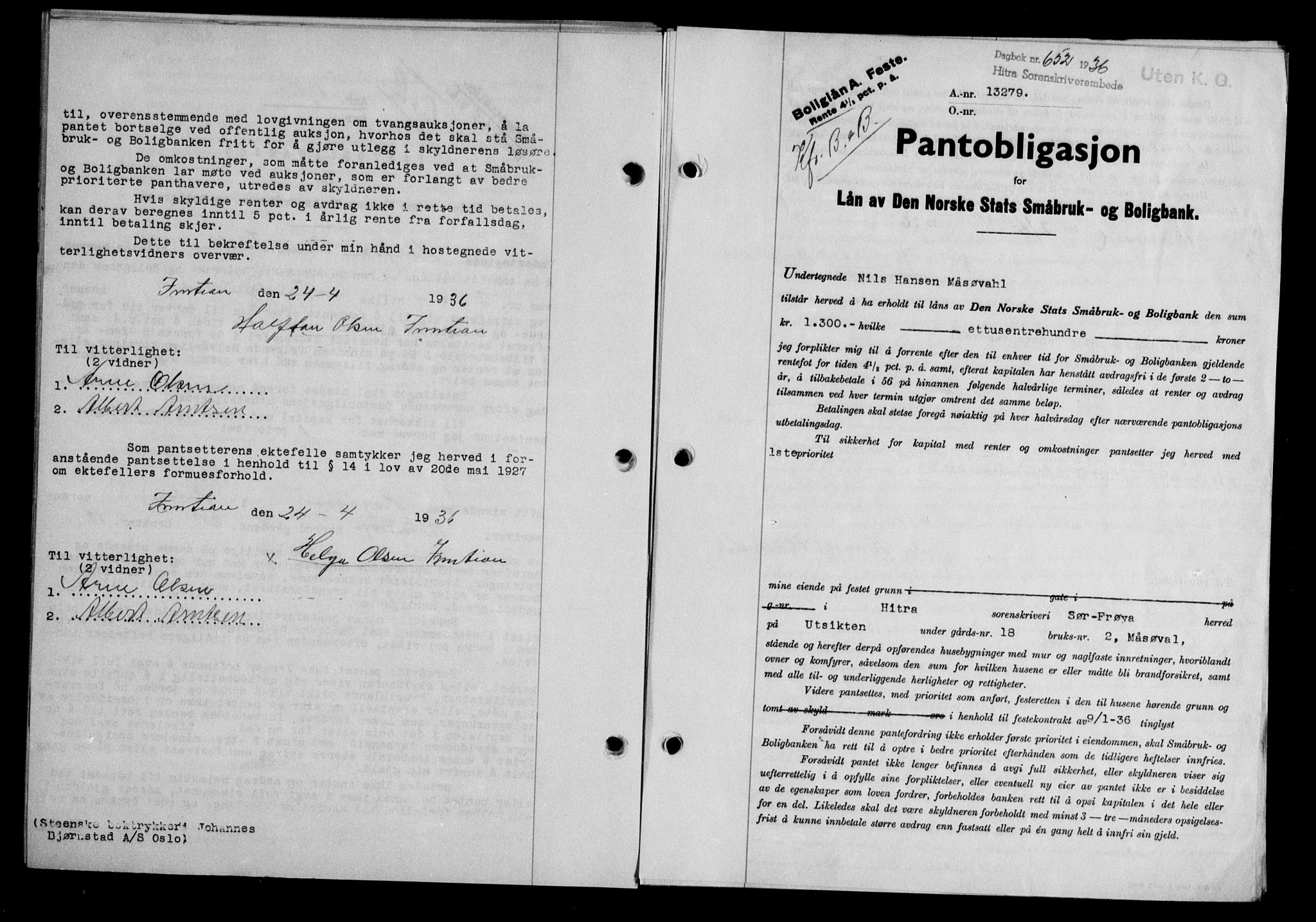 Hitra sorenskriveri, AV/SAT-A-0018/2/2C/2Ca/L0028: Mortgage book no. B-1, 1936-1939, Diary no: : 652/1936