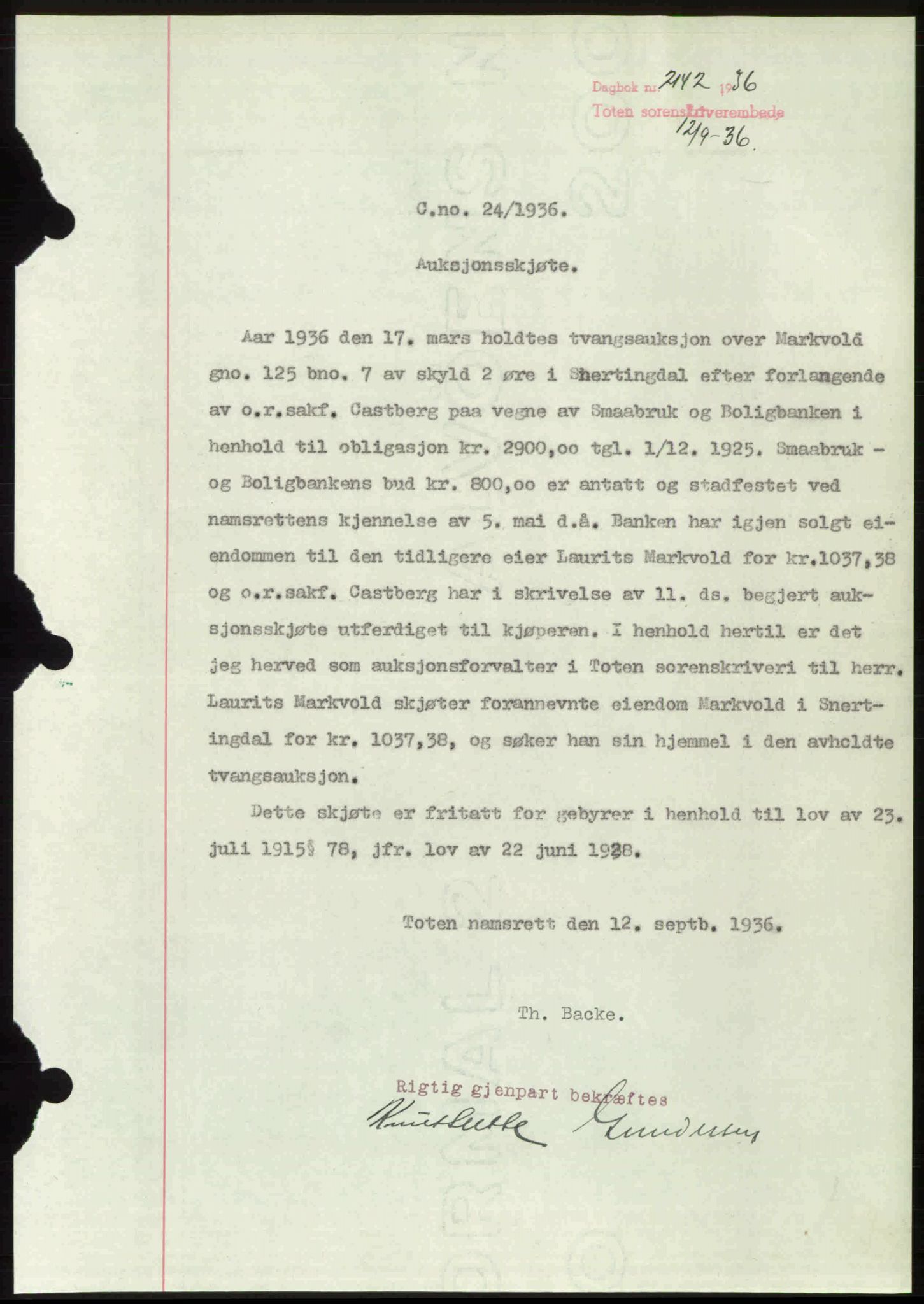 Toten tingrett, AV/SAH-TING-006/H/Hb/Hbc/L0001: Mortgage book no. Hbc-01, 1936-1936, Diary no: : 2142/1936