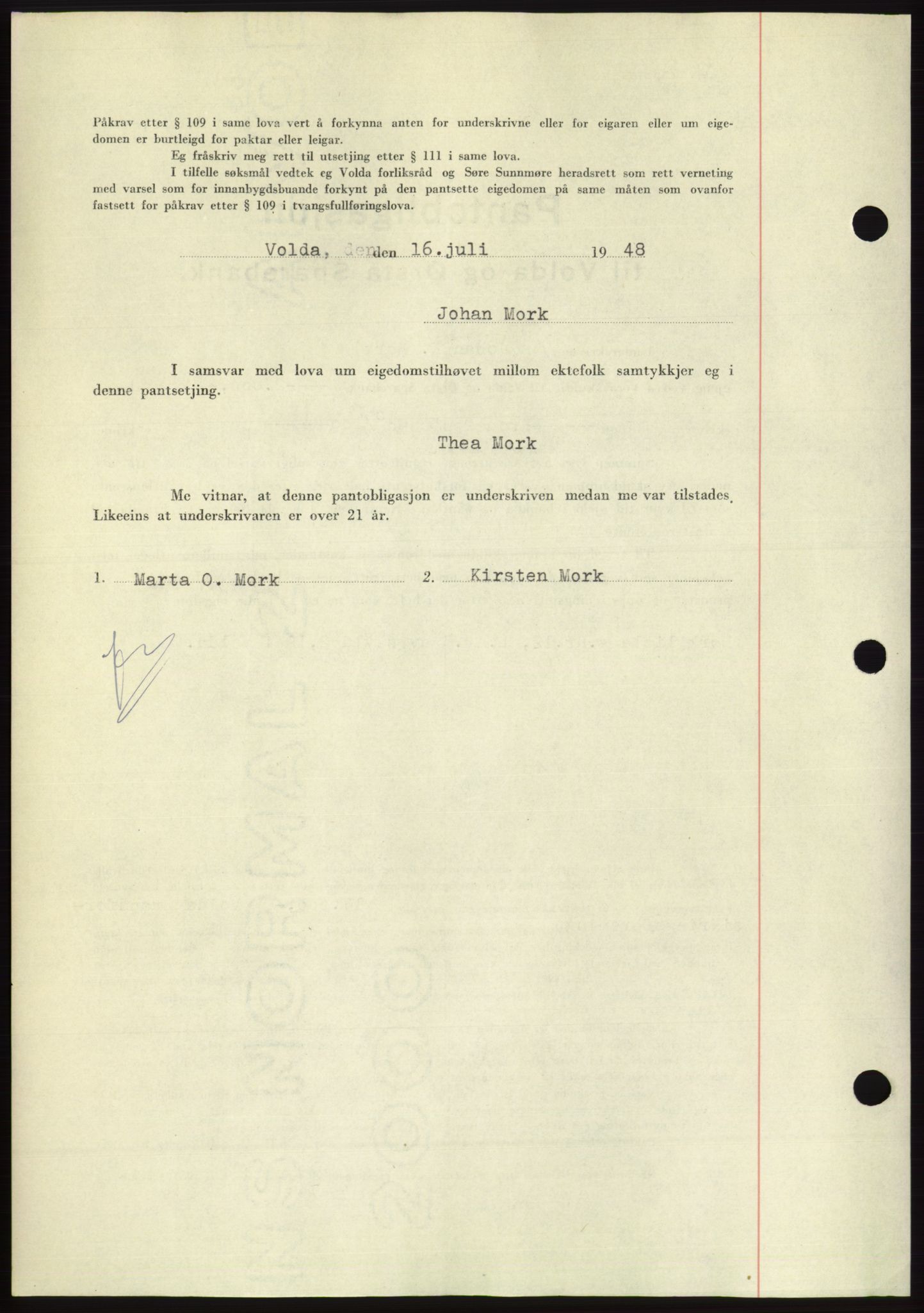 Søre Sunnmøre sorenskriveri, AV/SAT-A-4122/1/2/2C/L0116: Mortgage book no. 4B, 1948-1949, Diary no: : 942/1948