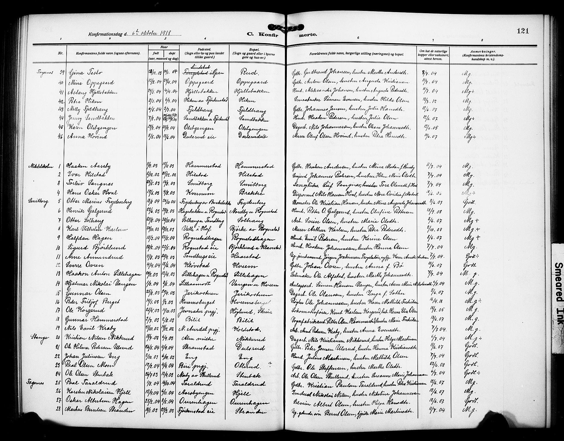 Østre Toten prestekontor, AV/SAH-PREST-104/H/Ha/Hab/L0008: Parish register (copy) no. 8, 1913-1929, p. 121