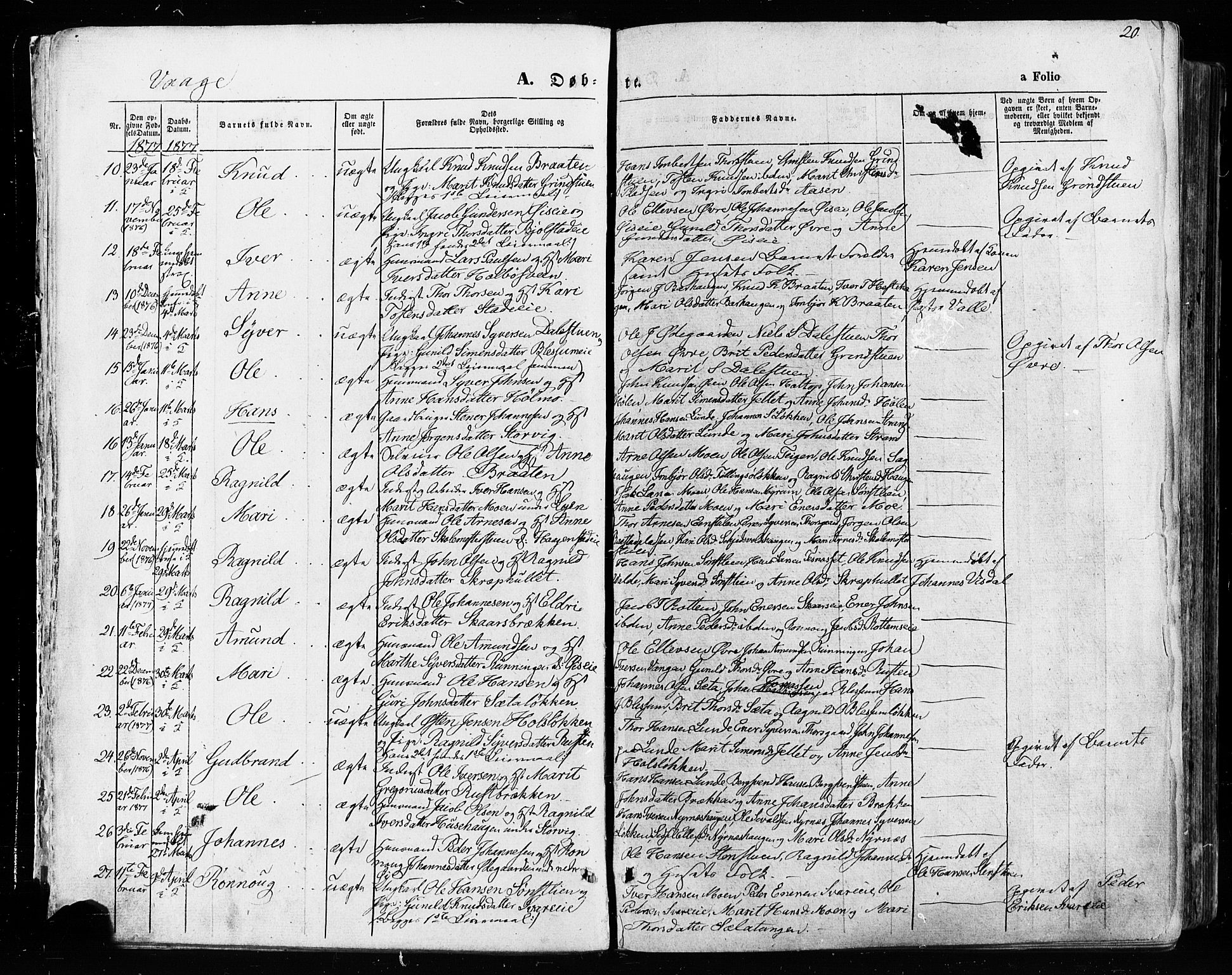 Vågå prestekontor, AV/SAH-PREST-076/H/Ha/Haa/L0007: Parish register (official) no. 7 /1, 1872-1886, p. 20