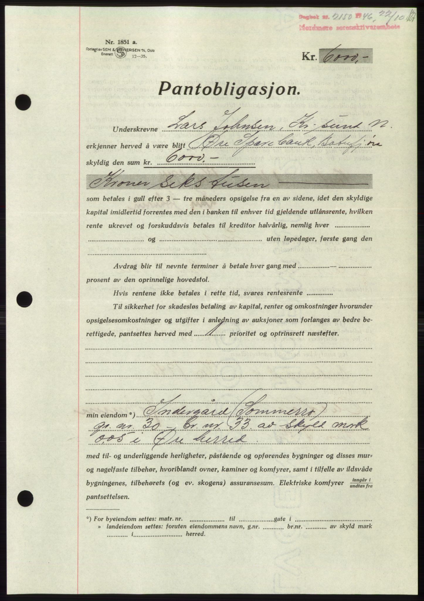 Nordmøre sorenskriveri, AV/SAT-A-4132/1/2/2Ca: Mortgage book no. B95, 1946-1947, Diary no: : 2150/1946