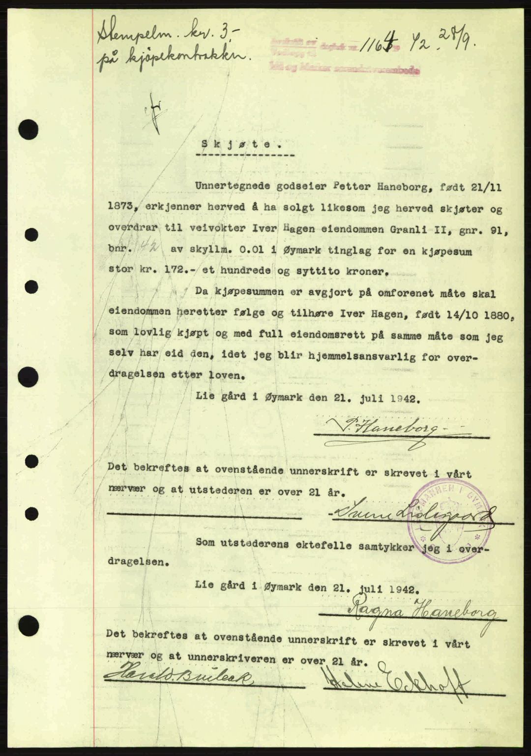 Idd og Marker sorenskriveri, AV/SAO-A-10283/G/Gb/Gbb/L0005: Mortgage book no. A5, 1941-1943, Diary no: : 1164/1942