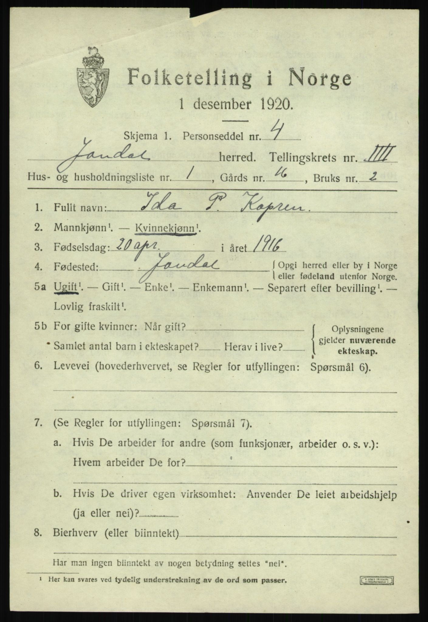 SAB, 1920 census for Jondal, 1920, p. 2214