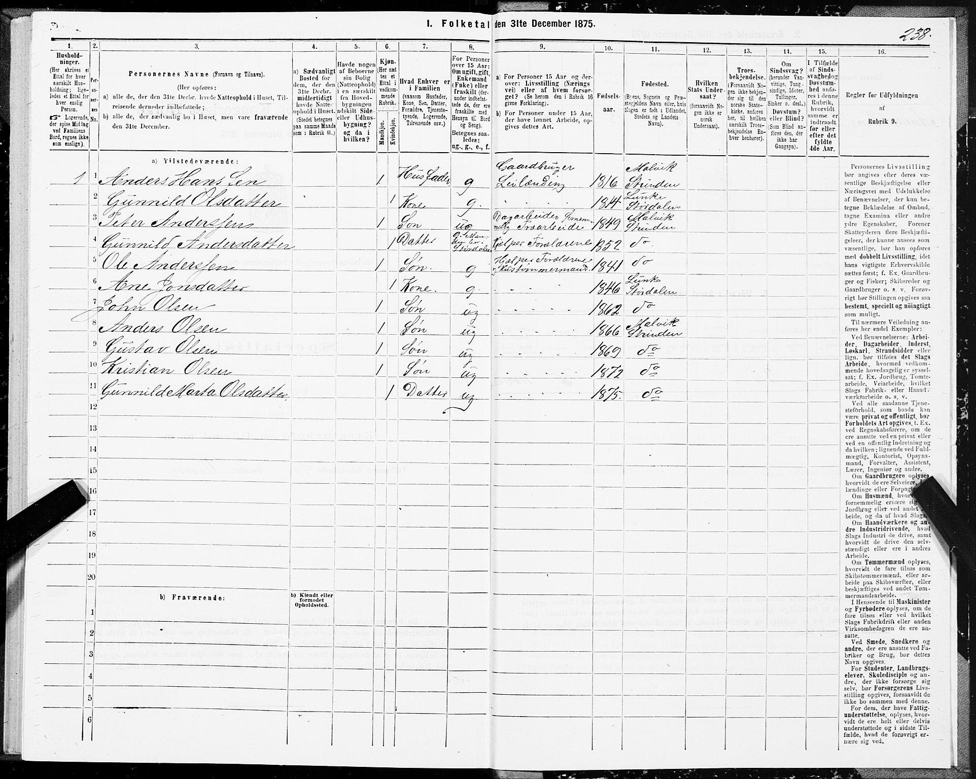 SAT, 1875 census for 1660P Strinda, 1875, p. 7238