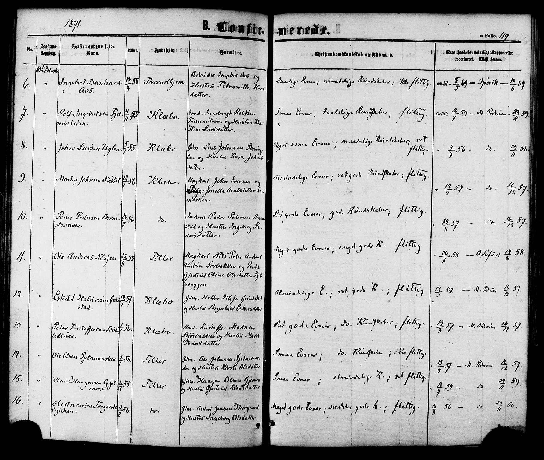 Ministerialprotokoller, klokkerbøker og fødselsregistre - Sør-Trøndelag, AV/SAT-A-1456/618/L0442: Parish register (official) no. 618A06 /1, 1863-1879, p. 119