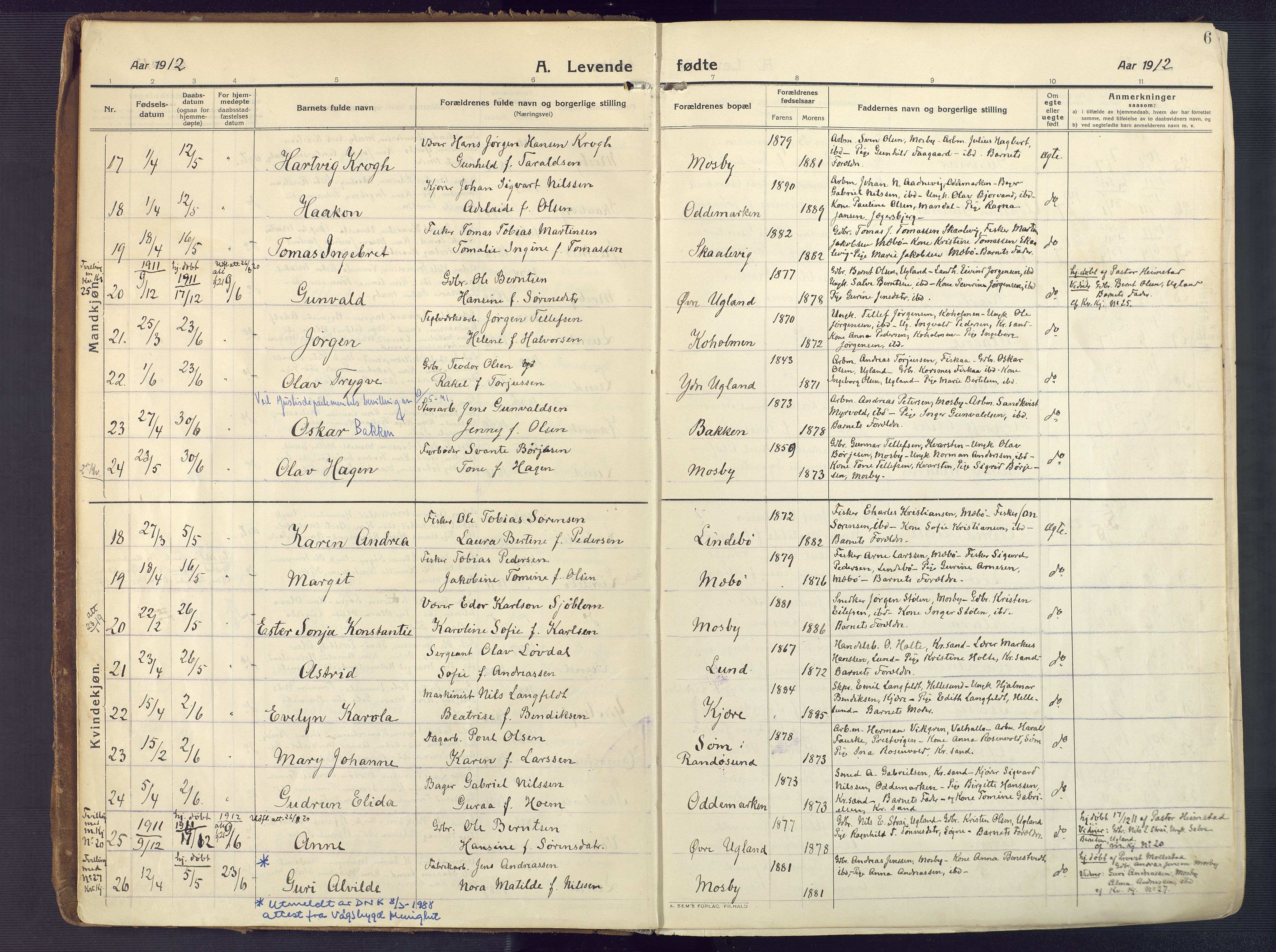 Oddernes sokneprestkontor, AV/SAK-1111-0033/F/Fa/Faa/L0012: Parish register (official) no. A 12, 1912-1925, p. 6