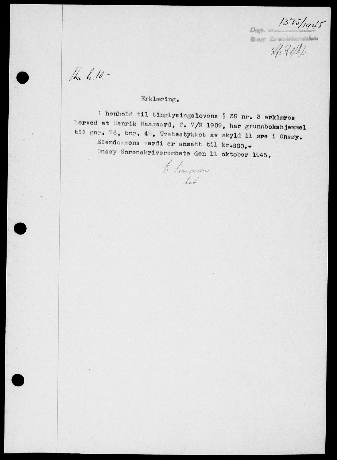 Onsøy sorenskriveri, SAO/A-10474/G/Ga/Gab/L0015: Mortgage book no. II A-15, 1945-1946, Diary no: : 1375/1945
