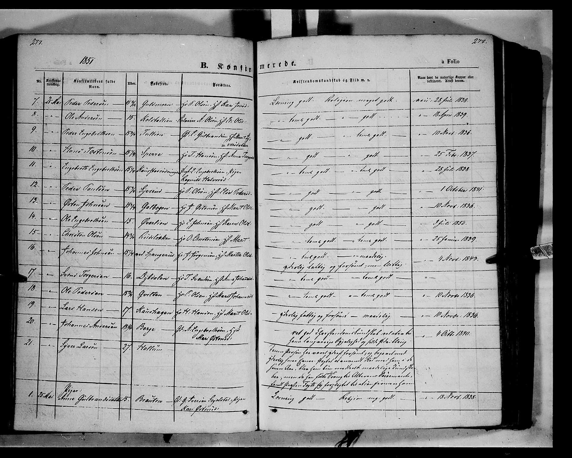 Ringebu prestekontor, SAH/PREST-082/H/Ha/Haa/L0006: Parish register (official) no. 6, 1848-1859, p. 277-278