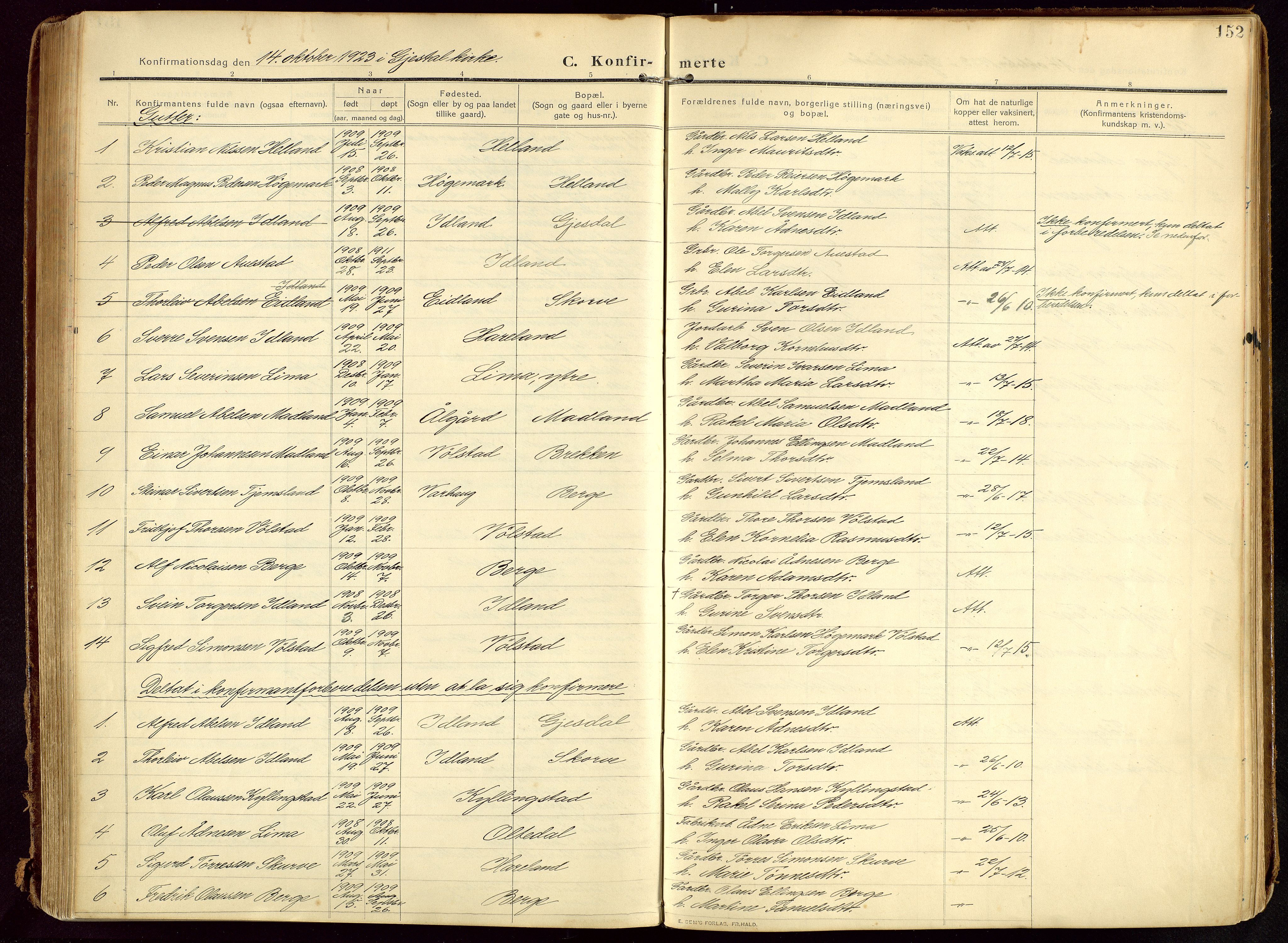 Lye sokneprestkontor, AV/SAST-A-101794/002/B/L0001: Parish register (official) no. A 13, 1910-1925, p. 152