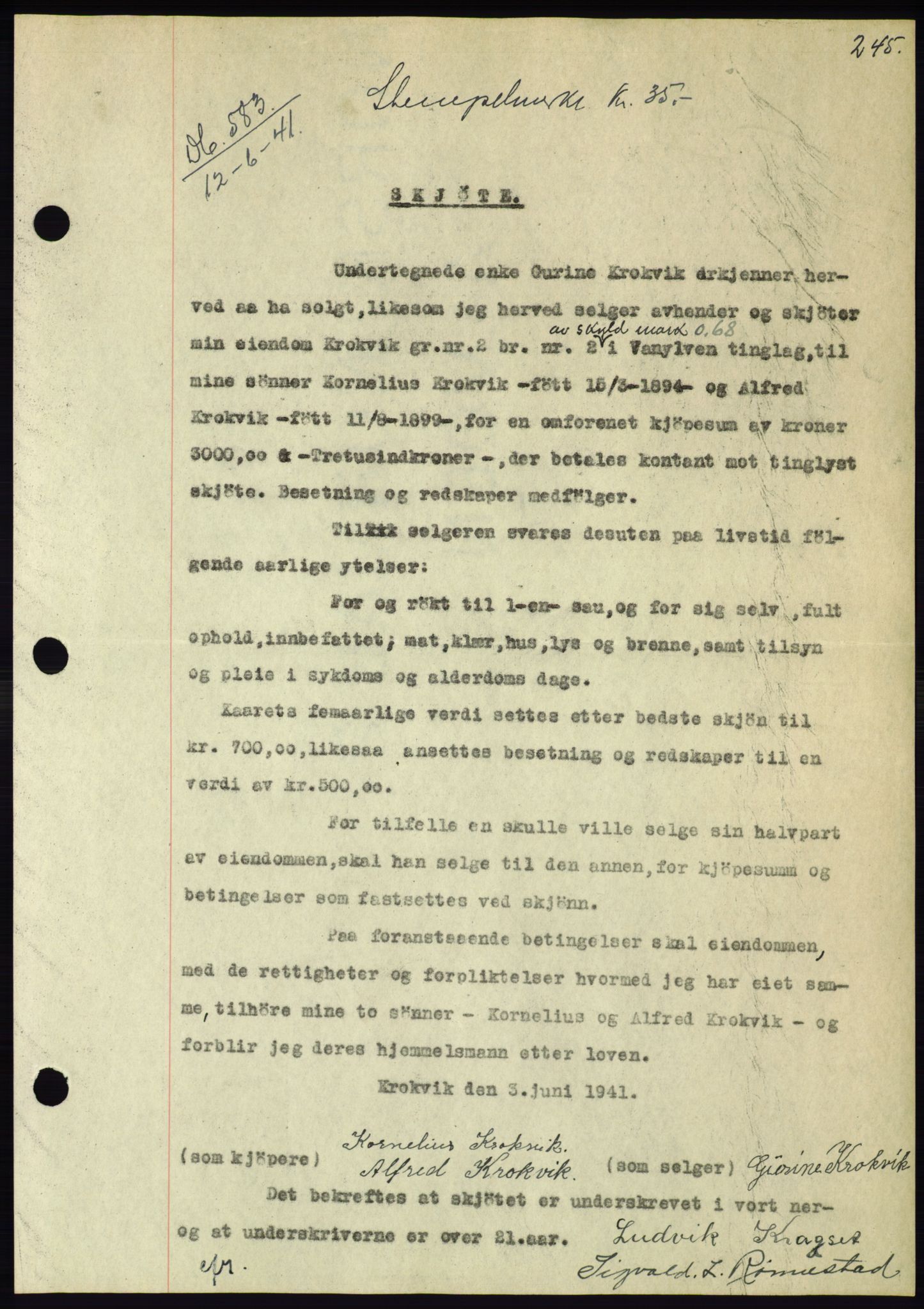 Søre Sunnmøre sorenskriveri, AV/SAT-A-4122/1/2/2C/L0071: Mortgage book no. 65, 1941-1941, Diary no: : 583/1941