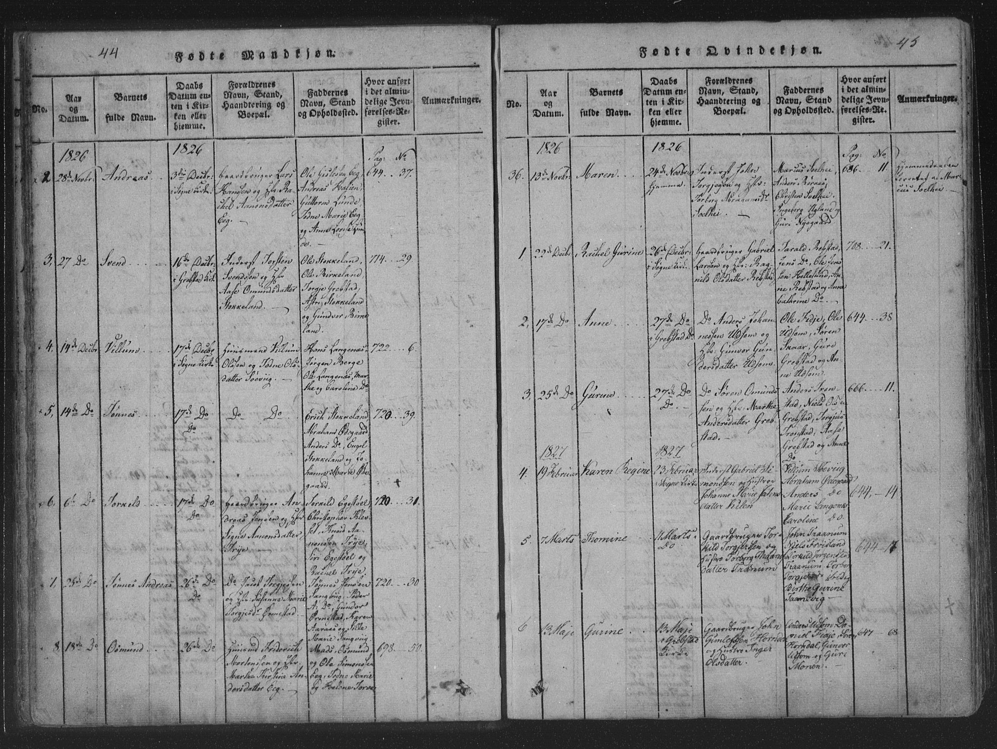 Søgne sokneprestkontor, SAK/1111-0037/F/Fa/Fab/L0008: Parish register (official) no. A 8, 1821-1838, p. 44-45