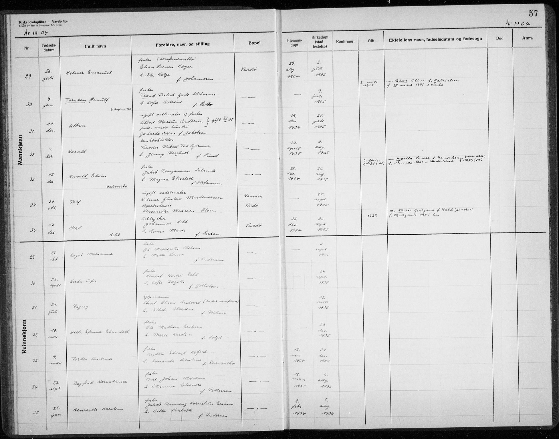 Vardø sokneprestkontor, AV/SATØ-S-1332/H/Hc/L0001kirkerekon: Other parish register no. 1, 1900-1914, p. 57